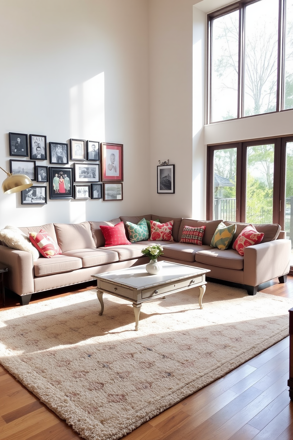 A simple family room design features a comfortable sectional sofa adorned with colorful throw pillows. A vintage coffee table sits at the center, surrounded by a soft area rug that adds warmth to the space. On one wall, a gallery of framed family photos and artwork creates a personal touch. A modern floor lamp provides soft lighting, complementing the natural light streaming through large windows.