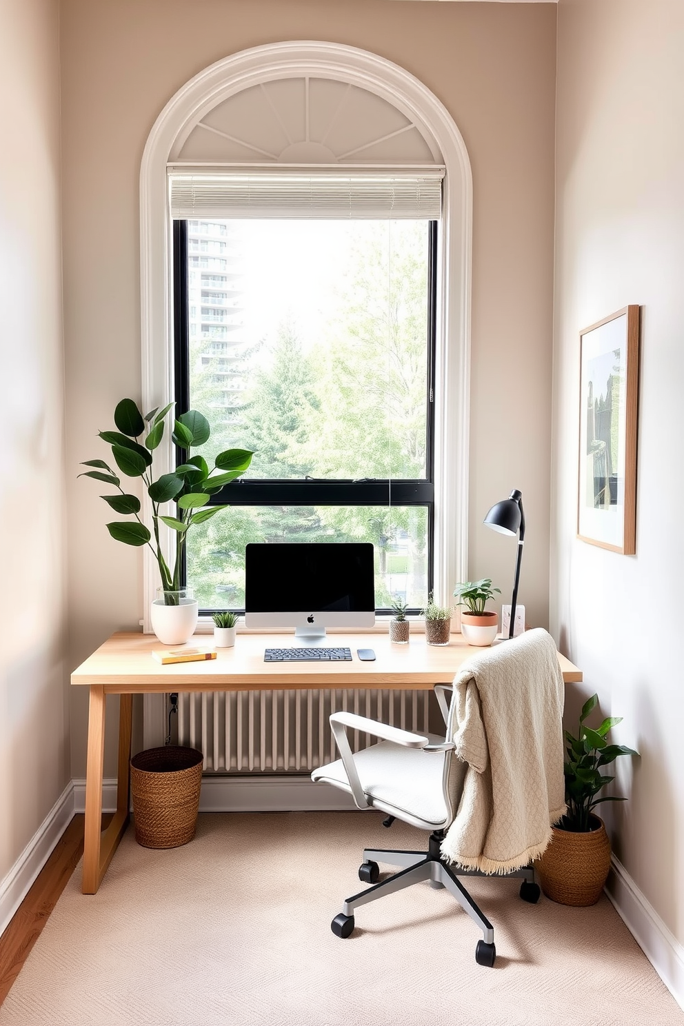 A cozy corner desk is positioned in front of a large window, allowing abundant natural light to fill the space. The desk features a light wood finish paired with a comfortable ergonomic chair, creating an inviting workspace. Soft, neutral colors adorn the walls, enhancing the serene atmosphere of the home office. A few potted plants and minimal decor items are strategically placed on the desk to add a touch of warmth and personality.