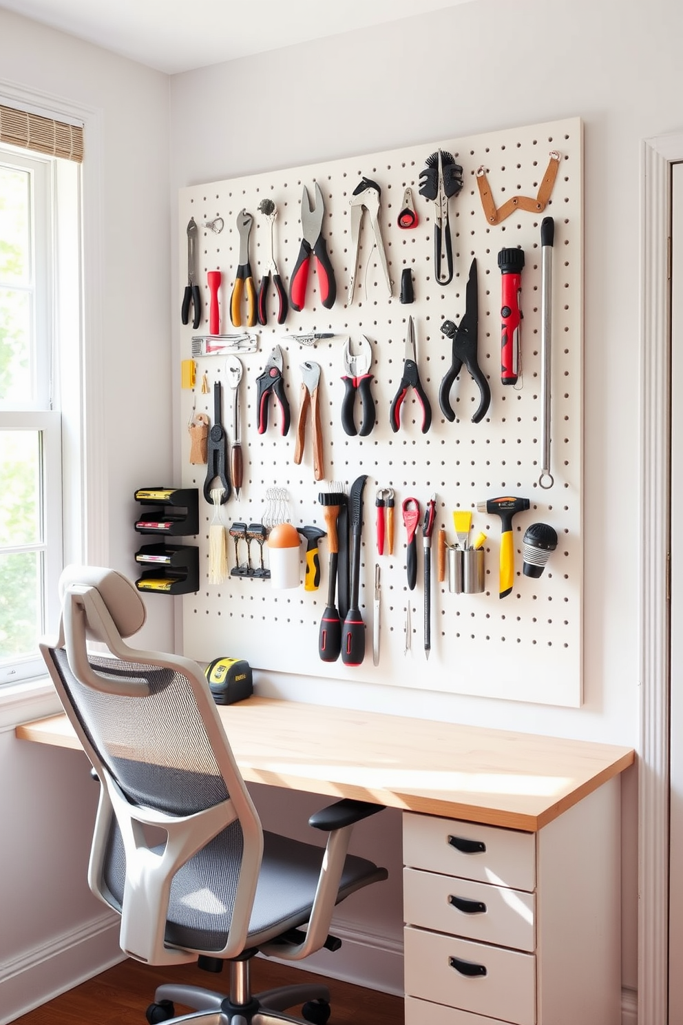 A functional wall-mounted pegboard displays an organized array of tools and supplies. The pegboard is painted in a soft white color, complementing the light wooden desk underneath it. The desk features a sleek design with minimalistic lines and a comfortable ergonomic chair. Natural light floods the space through a nearby window, creating an inviting and productive atmosphere.