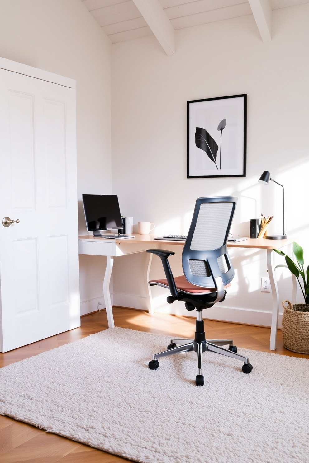 A soft area rug in a neutral tone anchors the workspace, providing warmth and comfort underfoot. The home office features a minimalist desk with clean lines, paired with an ergonomic chair to promote productivity.