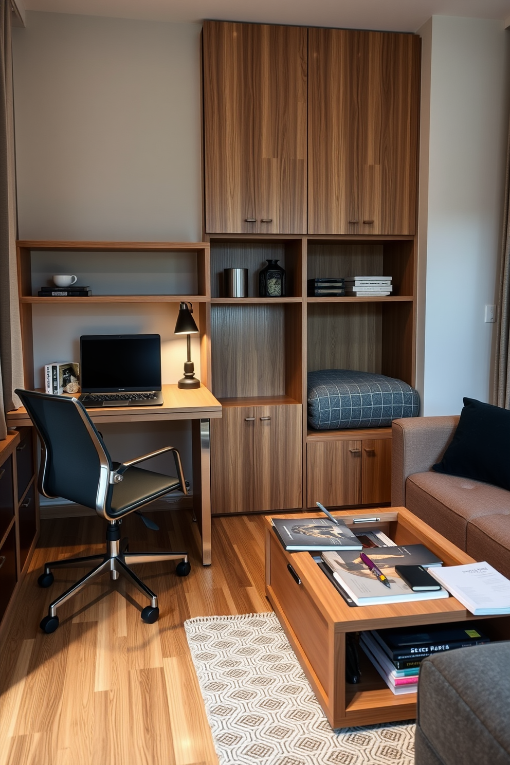 A cozy home office featuring a sleek desk that doubles as a dining table. The chair is a stylish ergonomic design that can easily be tucked away when not in use. A compact sofa bed that transforms into a comfortable sleeping space at night. The coffee table has hidden storage, allowing for easy organization of books and office supplies.