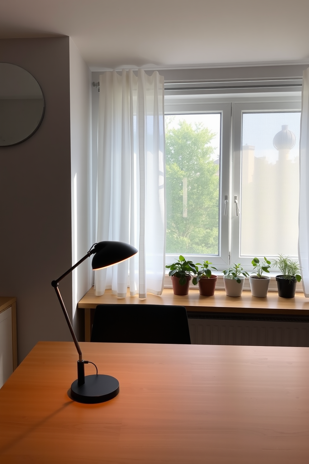 A sleek desk lamp with adjustable brightness sits on a minimalist wooden desk in a cozy home office. The walls are painted in a soft gray, and a comfortable ergonomic chair complements the clean lines of the workspace. Natural light streams through a large window adorned with sheer white curtains, creating an inviting atmosphere. A few potted plants are placed on the windowsill, adding a touch of greenery to the serene setting.