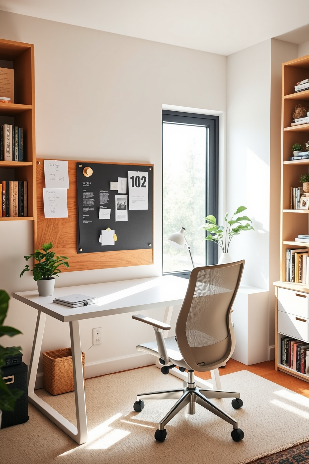 A cozy home office featuring a wooden bulletin board mounted on the wall for reminders and important notes. The desk is a sleek white design with a comfortable ergonomic chair, complemented by a small potted plant for a touch of greenery. Soft natural light filters through a large window, enhancing the warm atmosphere of the room. Shelves filled with books and decorative items line the walls, creating an organized yet inviting workspace.