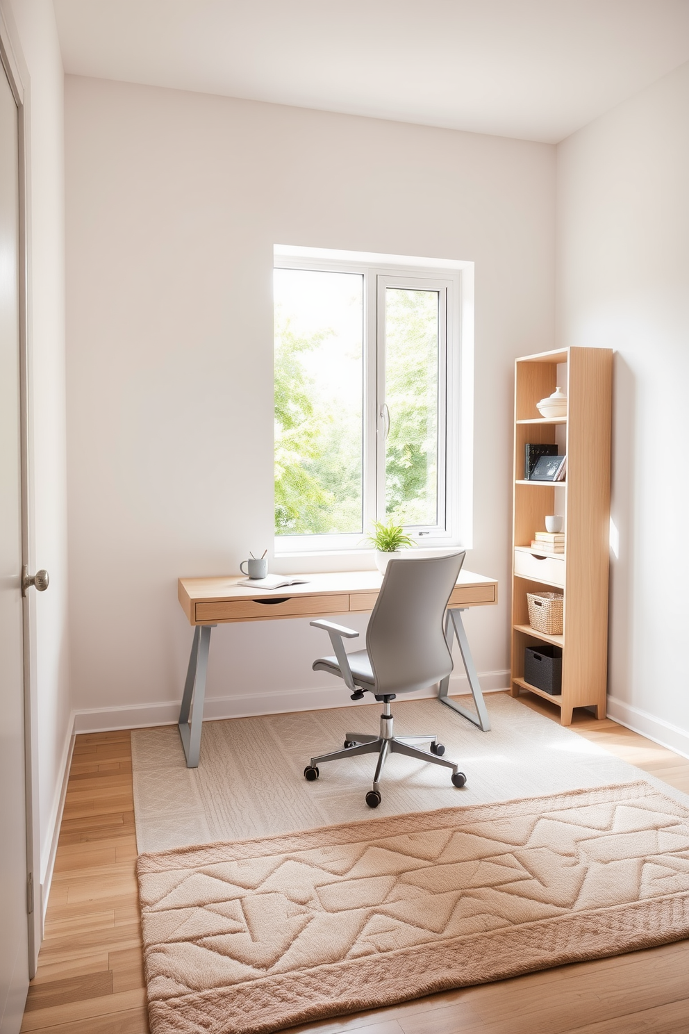 A serene home office space designed with neutral tones to promote a calming atmosphere. The room features a light beige desk paired with a soft gray ergonomic chair, complemented by a large window allowing natural light to fill the space. On the walls, a subtle off-white paint enhances the tranquility, while a minimalist bookshelf in natural wood provides storage for books and decor. A plush area rug in a muted pattern adds warmth underfoot, and a small potted plant sits on the desk to bring a touch of nature indoors.