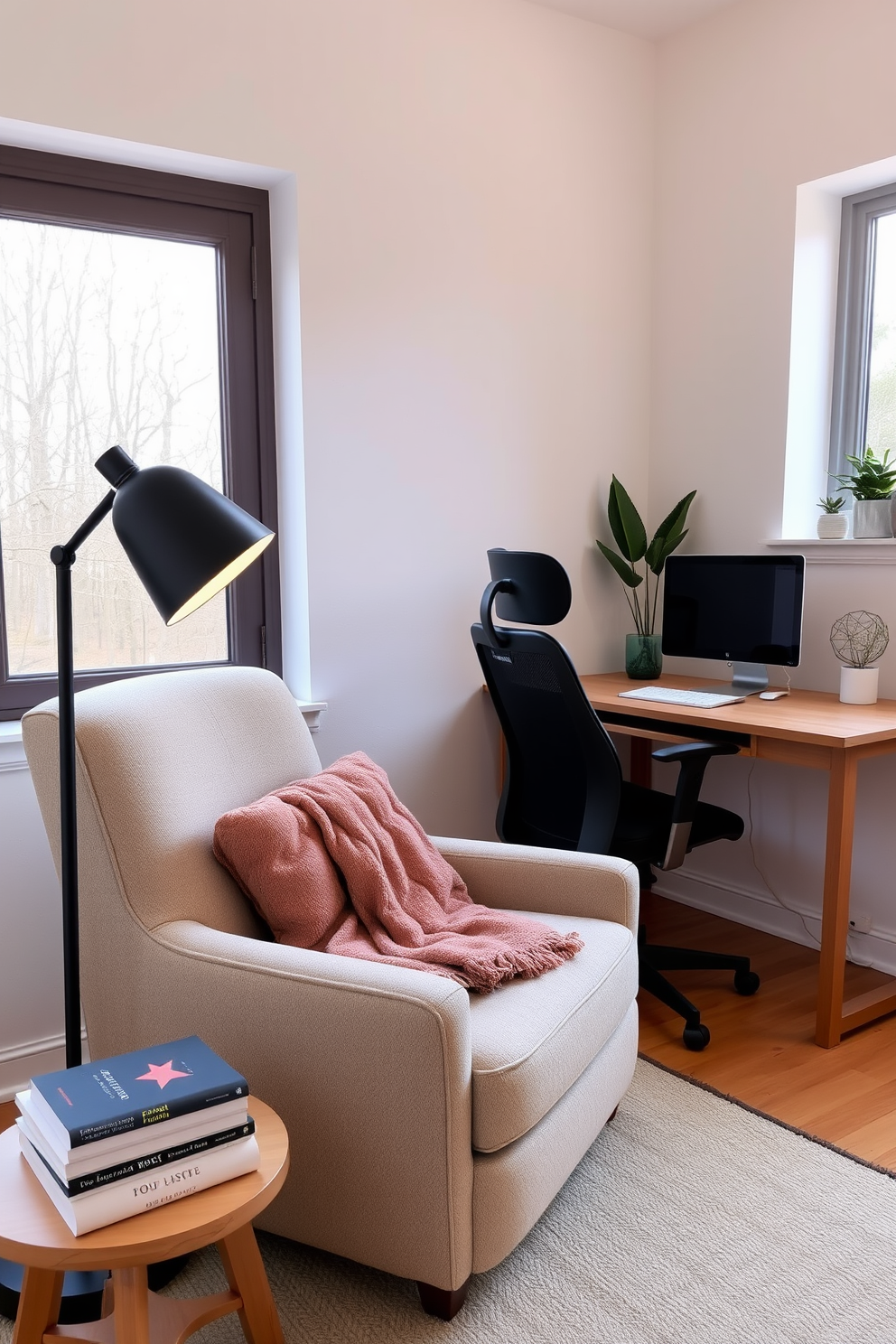 A cozy reading nook featuring a plush armchair upholstered in a soft fabric with a warm throw blanket draped over one arm. A small side table holds a stack of books and a steaming cup of tea, while a floor lamp with a soft glow illuminates the space. A simple home office design with a sleek wooden desk positioned near a window that allows natural light to flood the area. A comfortable ergonomic chair complements the desk, and a few potted plants add a touch of greenery to the minimalist decor.