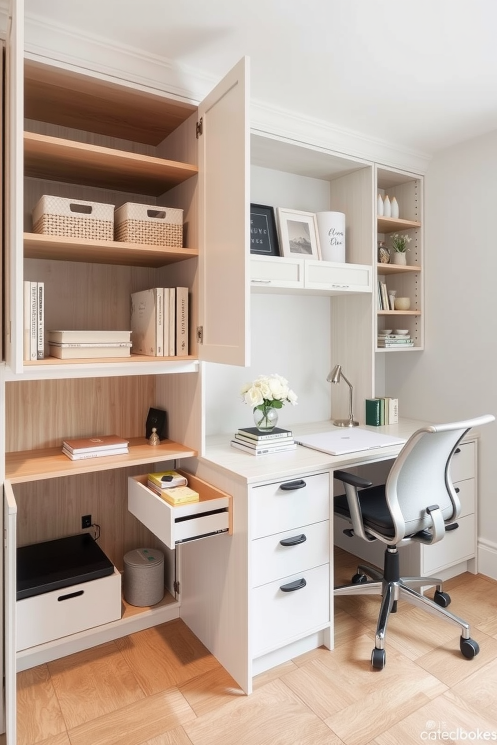 Under-desk storage solutions that provide easy access to essentials. The design features a sleek cabinet with pull-out drawers and open shelving for organization. Incorporate a minimalist aesthetic with a clean desk surface and ergonomic chair. Use soft neutral colors for a calming atmosphere and add personal touches with decorative items.