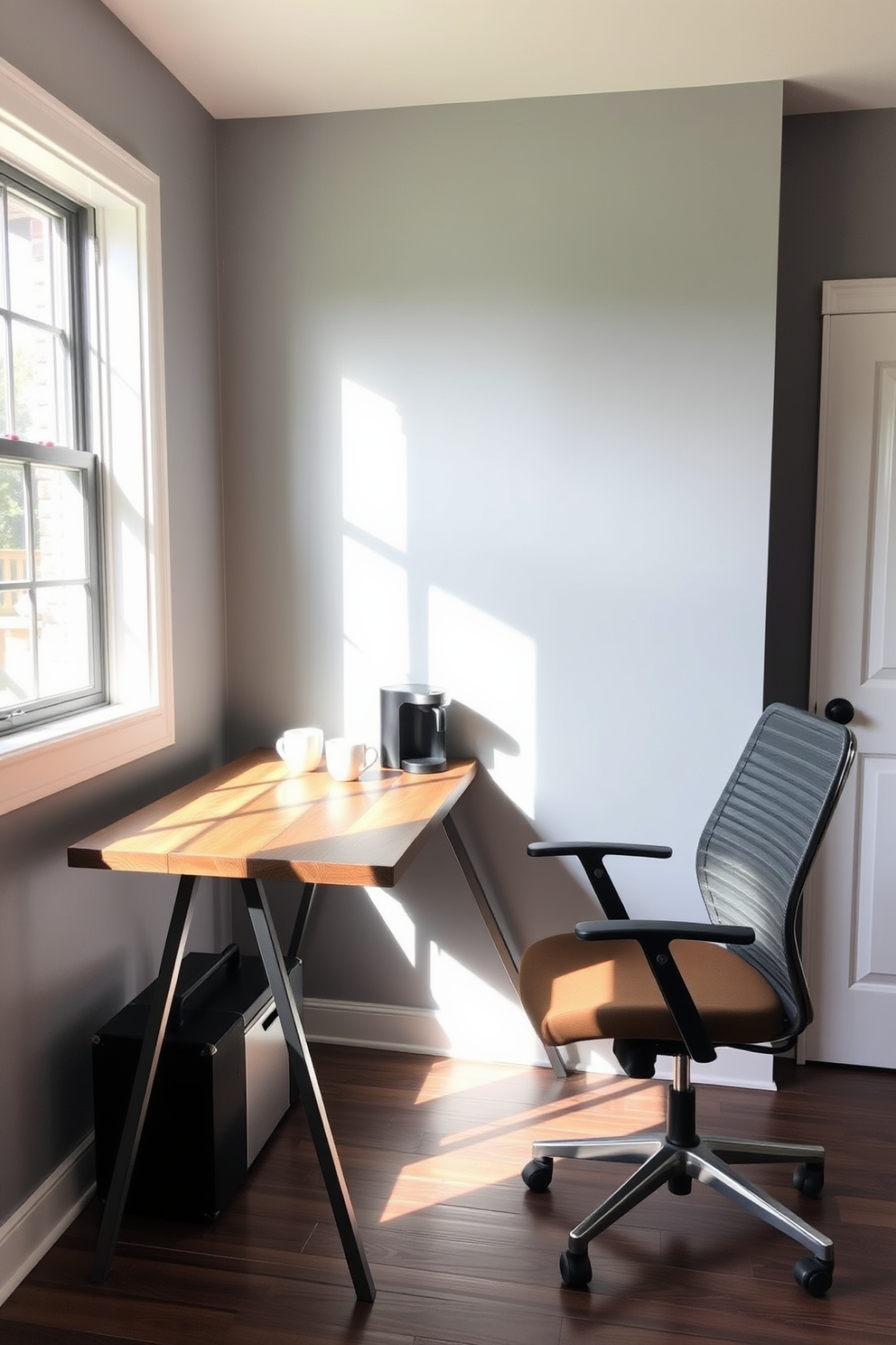 A cozy home office setting featuring a small coffee station in the corner. The desk is made of reclaimed wood with a sleek metal frame, complemented by a comfortable ergonomic chair. On the desk, a stylish coffee maker sits next to a set of neatly arranged mugs. The walls are painted in a soft gray tone, and a large window allows natural light to flood the space, enhancing the warm atmosphere.