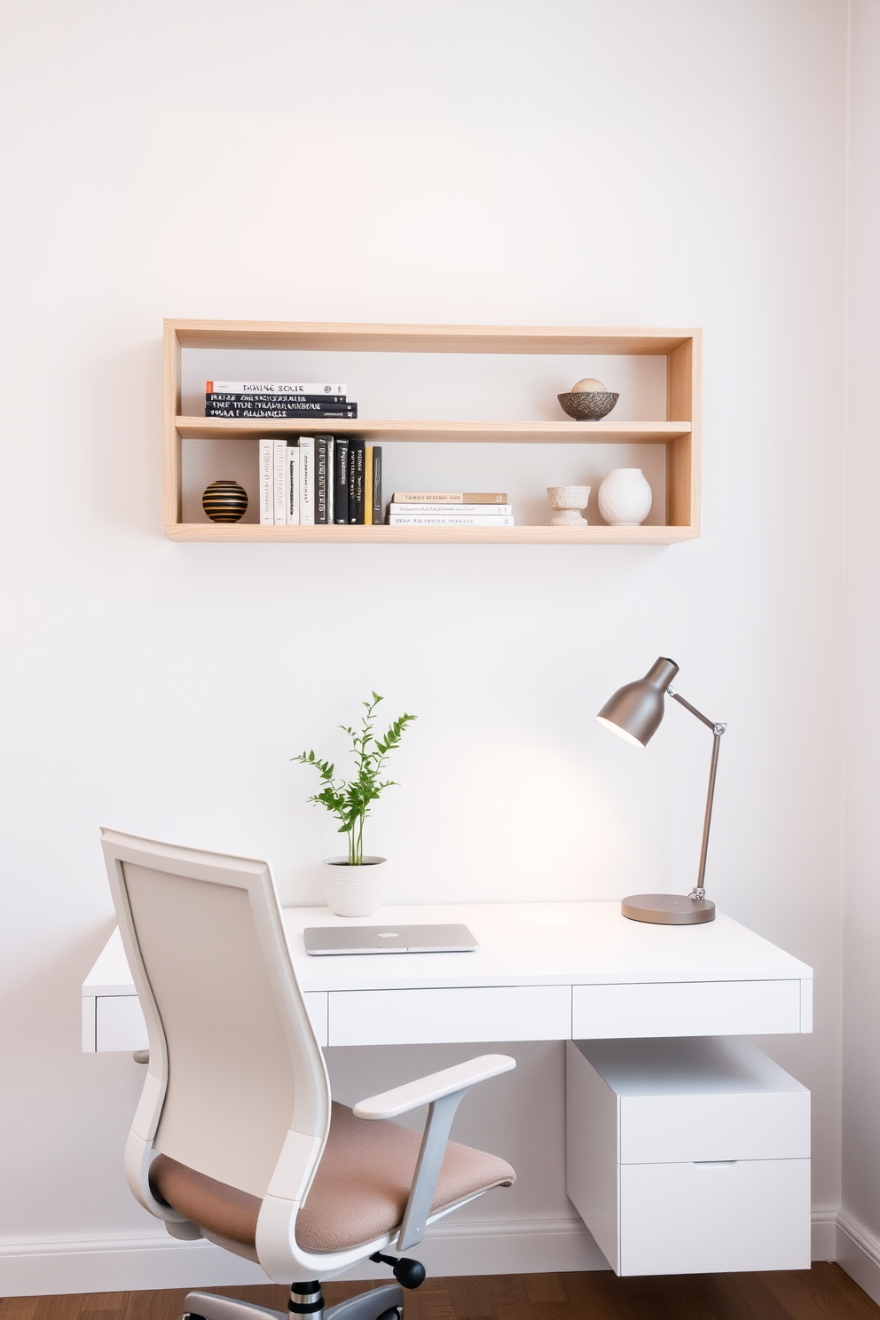 A minimalist shelving unit made of light wood is mounted on a white wall, providing an organized display for books and decorative items. Below the shelves, a sleek desk with clean lines is paired with a comfortable ergonomic chair, creating a serene workspace. In a simple home office design, the color palette features soft neutrals to promote focus and calm. A potted plant adds a touch of greenery, while a minimalistic lamp provides adequate lighting for productivity.