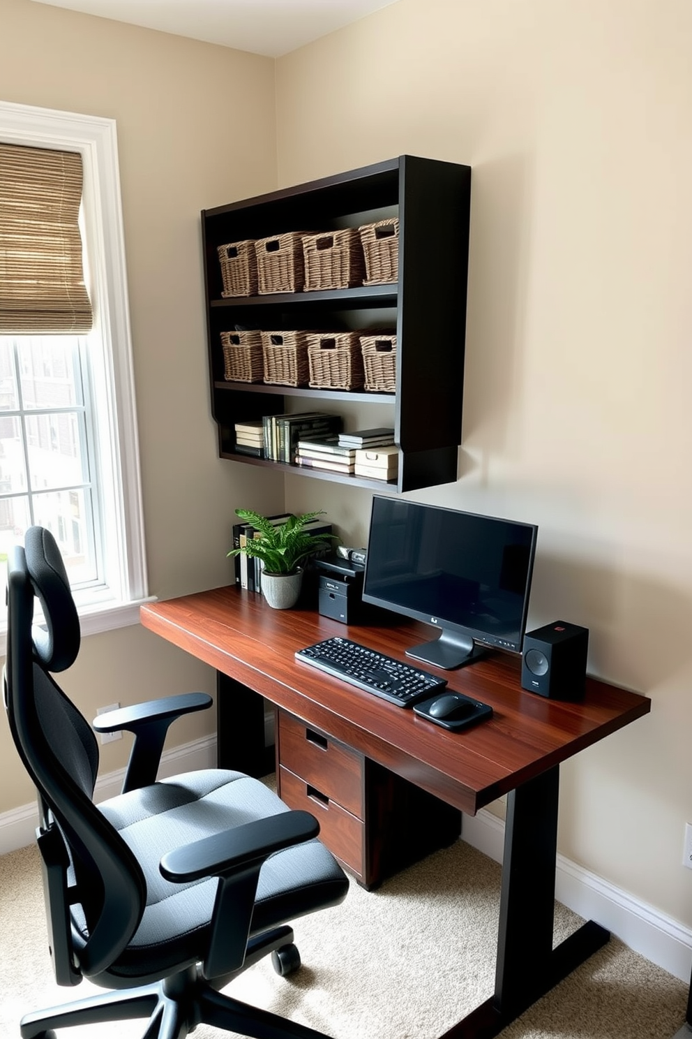 A cozy home office setting features a sleek wooden desk positioned near a window, allowing natural light to flood the space. Decorative baskets are neatly arranged on a nearby shelf, providing stylish organization for office supplies and documents. The walls are painted in a soft beige tone, creating a warm and inviting atmosphere. A comfortable ergonomic chair complements the desk, while a small potted plant adds a touch of greenery to the workspace.