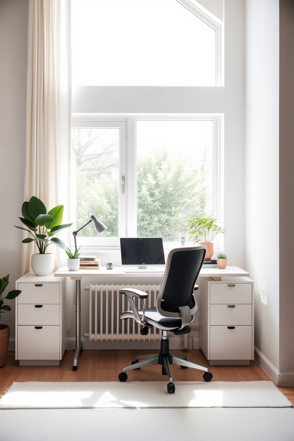 Bright curtains to enhance natural light. A cozy home office features a sleek desk positioned near a large window, allowing sunlight to flood the space. The walls are painted in soft white to create an airy atmosphere. A comfortable ergonomic chair complements the minimalist design, while a few potted plants add a touch of greenery.