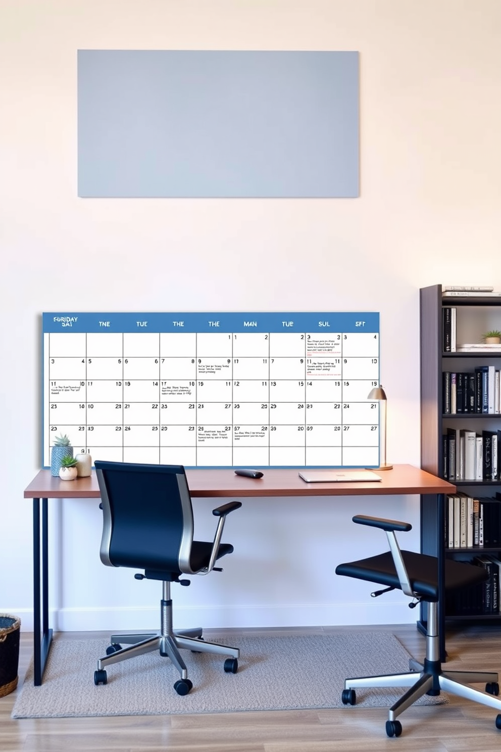 A personalized calendar for productivity. The calendar features a clean layout with ample space for notes and reminders, designed in a calming color palette to enhance focus. Simple home office design ideas. The office includes a sleek desk with ergonomic seating, complemented by a minimalist bookshelf and soft lighting to create an inviting workspace.