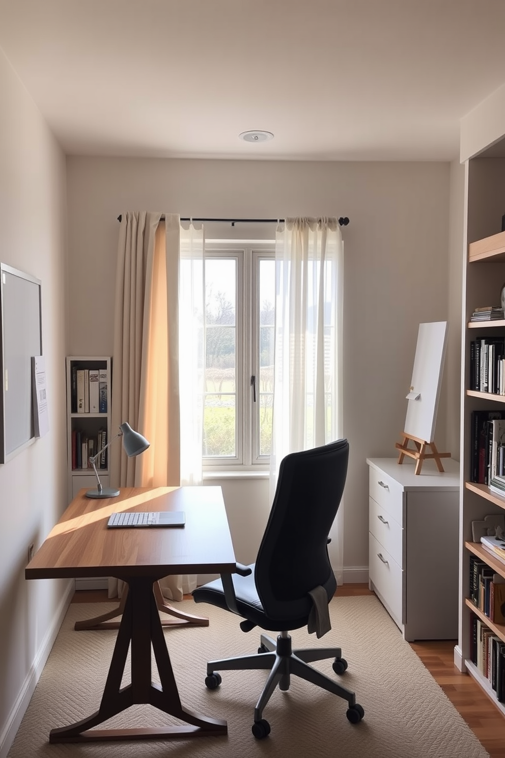 A cozy home office setting that maximizes functionality and comfort. The space features a sleek wooden desk with a comfortable ergonomic chair and a small whiteboard mounted on the wall for notes. Natural light floods the room through a large window adorned with soft curtains. Shelves filled with books and decorative items line the walls, creating an inviting and productive atmosphere.