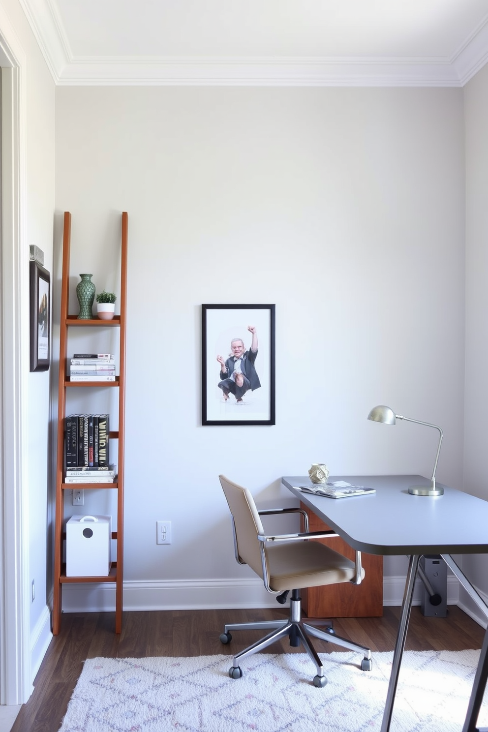 A cozy home office features a stylish ladder shelf against the wall, providing vertical storage for books and decorative items. A sleek desk with a comfortable chair is positioned nearby, creating an inviting workspace filled with natural light.