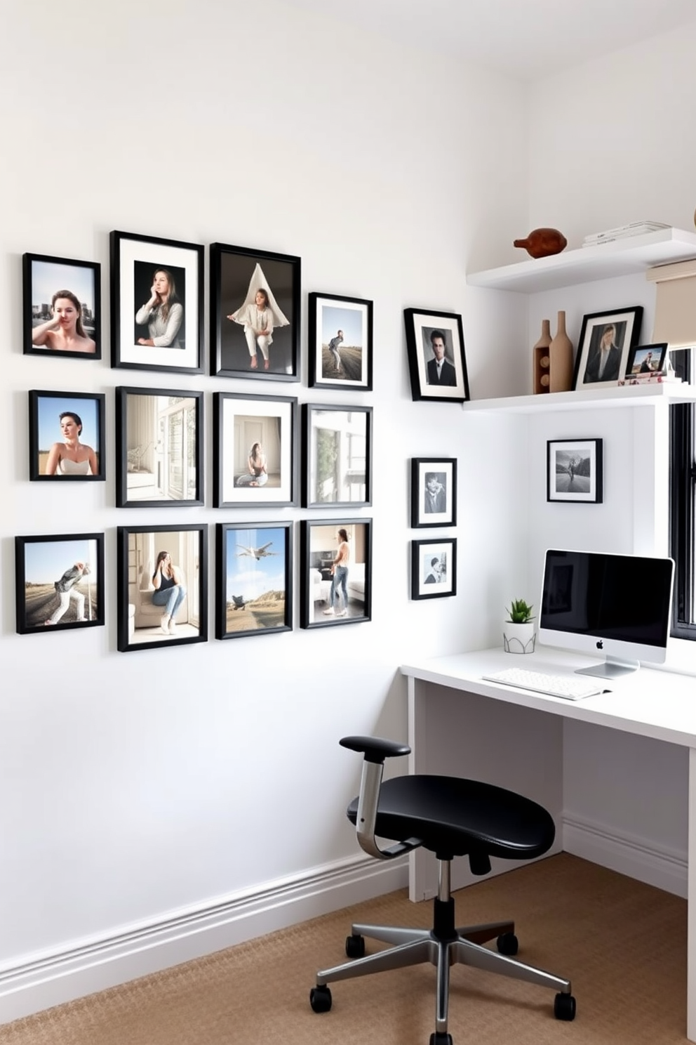 Create a gallery wall with an eclectic mix of framed photos in various sizes. The wall is painted in a soft white color to enhance the vibrancy of the images. Simple home office design ideas include a sleek desk positioned by a window for natural light. A comfortable ergonomic chair complements the minimalist style, with shelves above for organization and decor.