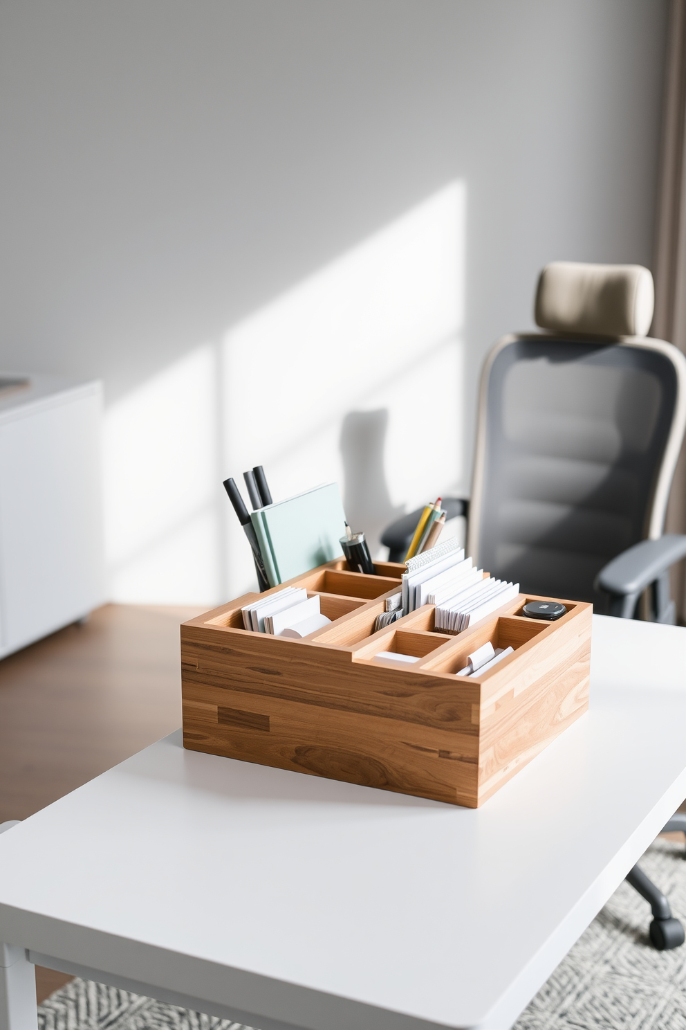 A stylish desk organizer made of natural wood with compartments for pens, notebooks, and small office supplies. The organizer sits on a sleek white desk in a minimalist home office with a soft grey accent wall and a comfortable ergonomic chair.