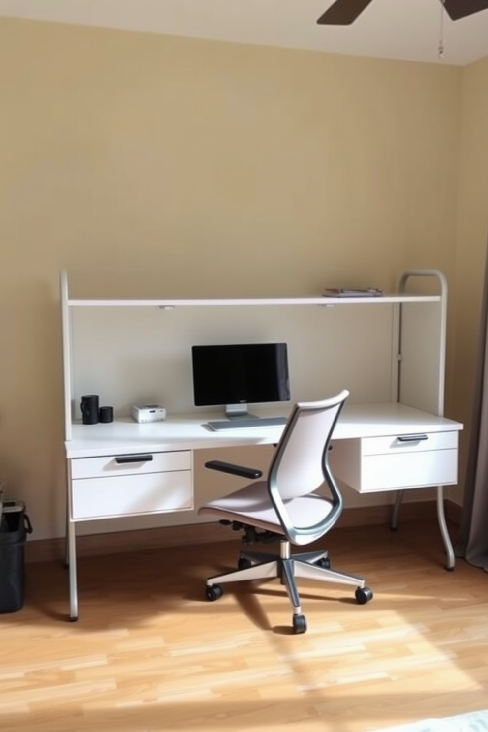 A simple home office design features a foldable desk that can easily be adjusted to create more space when needed. The walls are painted in a soft beige, and a comfortable ergonomic chair sits beside the desk, providing a cozy work environment.