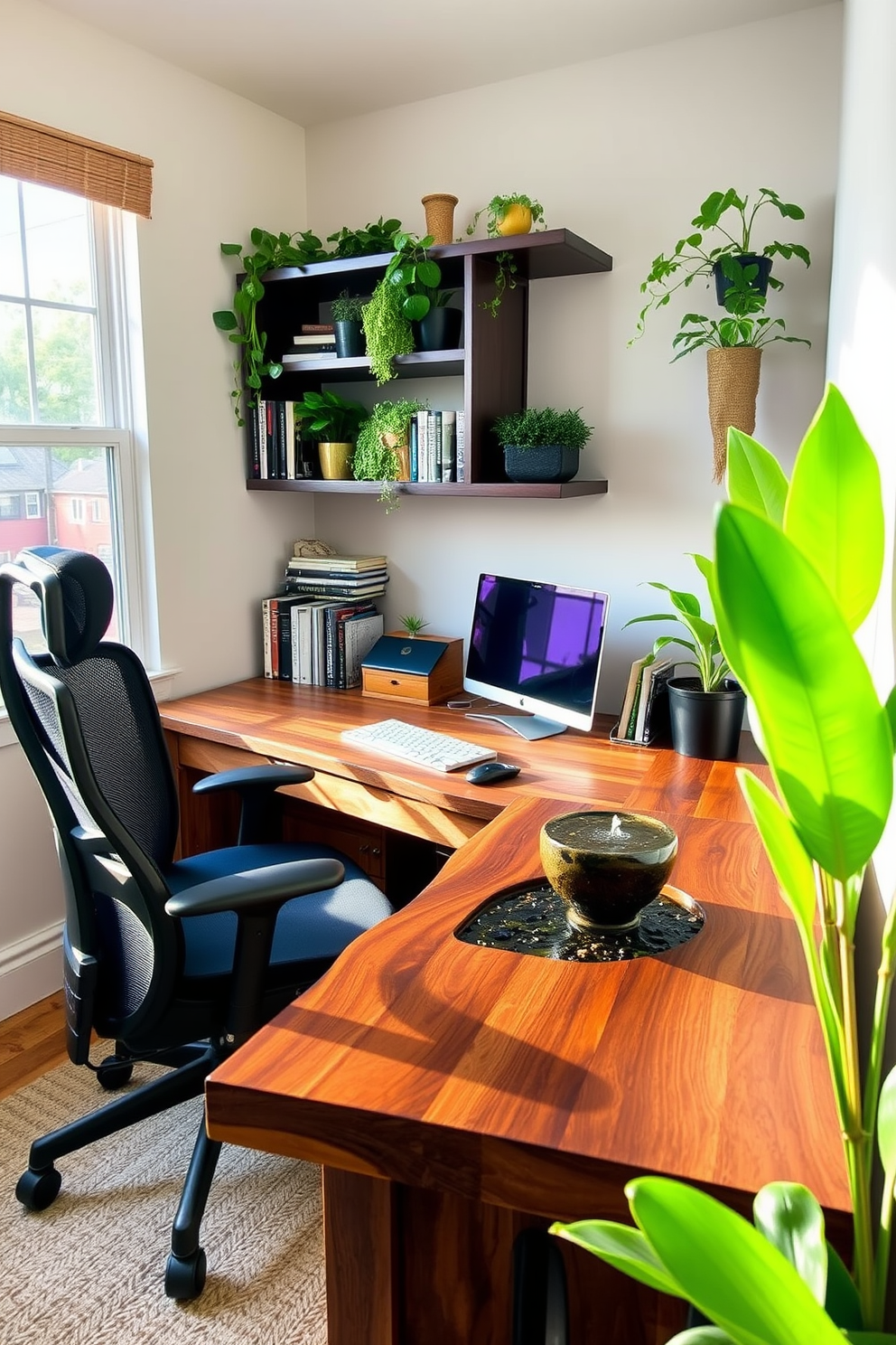 A cozy home office featuring a small water feature that adds a sense of tranquility to the space. The desk is made of reclaimed wood and is positioned near a window, allowing natural light to flood the room. A comfortable ergonomic chair complements the desk, while shelves filled with books and plants line the walls. The water feature, a sleek tabletop fountain, creates a calming sound, enhancing the overall ambiance of the office.