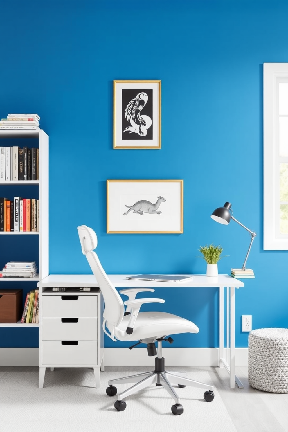 Bright accent wall for inspiration. A vibrant blue wall serves as the focal point of the home office, creating an energizing atmosphere. Simple home office design ideas. A sleek white desk is paired with a comfortable ergonomic chair, complemented by a minimalist shelving unit showcasing books and decorative items.