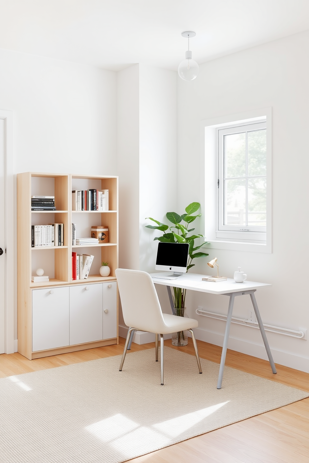 A bright and airy home office features a light gray desk positioned near a large window that allows natural light to flood the room. The walls are painted in a soft white, and a comfortable chair in a light pastel shade complements the overall serene atmosphere. A minimalist bookshelf made of light wood is placed against one wall, filled with neatly organized books and a few decorative items. A potted plant in the corner adds a touch of greenery, enhancing the fresh and inviting feel of the space.