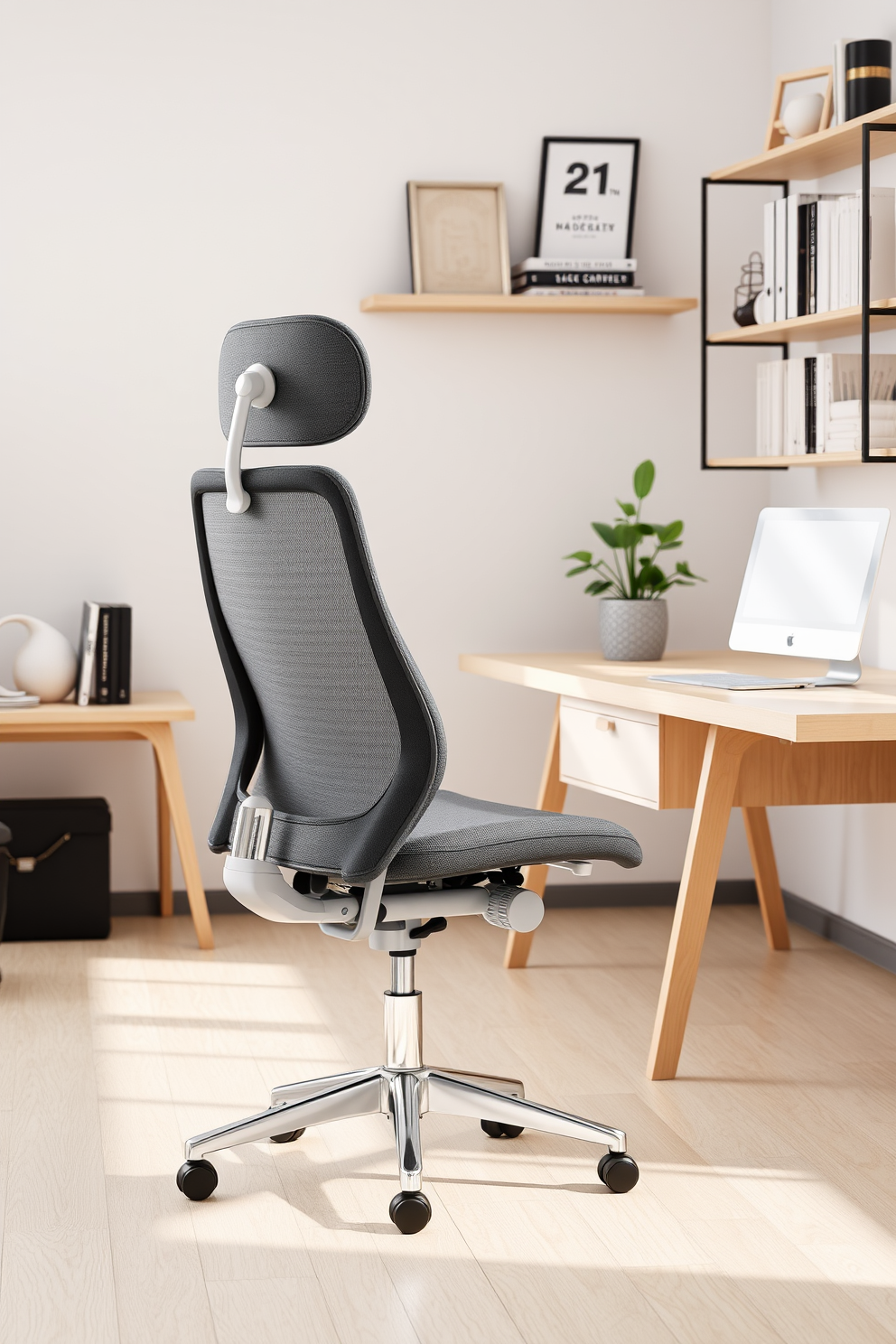 An ergonomic chair designed for optimal comfort and support features adjustable height and lumbar support. The chair is upholstered in a soft, breathable fabric and is set in a minimalist home office with a clean desk and ample natural light. The simple home office design includes a light wood desk paired with a sleek, modern chair. Wall-mounted shelves display neatly organized books and decor, while a potted plant adds a touch of greenery to the space.