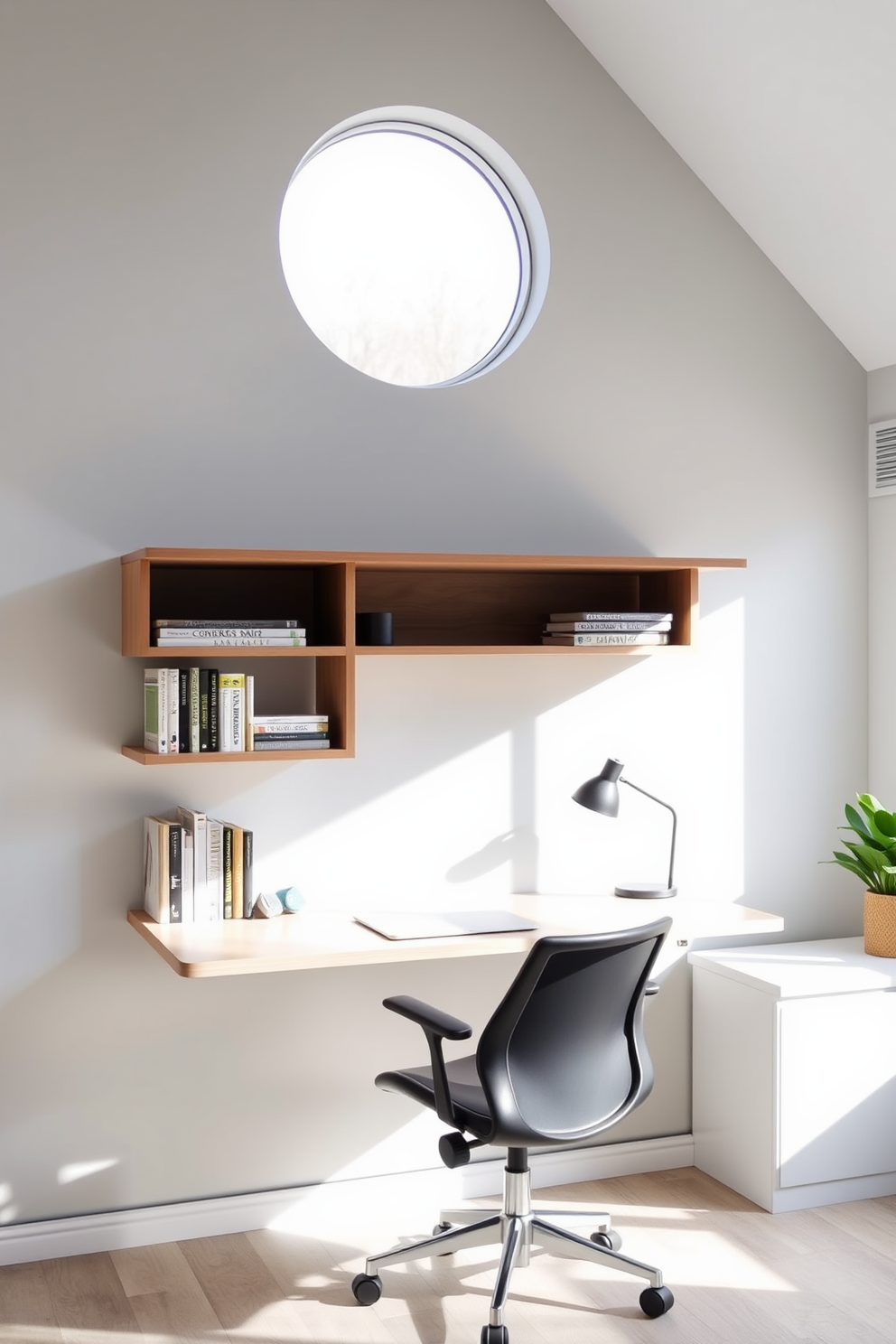 A modern floating desk is mounted against a light gray wall, creating an illusion of spaciousness in the room. Below the desk, minimalistic shelves hold books and office supplies, keeping the area organized and clutter-free. A comfortable ergonomic chair is positioned in front of the desk, complementing the sleek design. Natural light pours in from a nearby window, enhancing the inviting atmosphere of this simple home office.