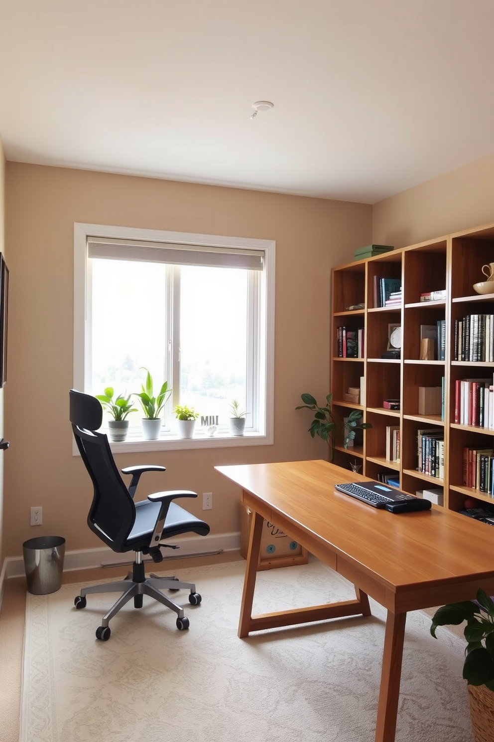 A cozy home office space features a sleek wooden desk positioned near a window that allows natural light to flood the room. A comfortable ergonomic chair is placed at the desk, and a few potted plants are arranged on the windowsill to enhance fresh air and aesthetics. The walls are painted in a soft beige tone, creating a warm and inviting atmosphere. A bookshelf filled with neatly organized books and decorative items is situated against one wall, adding both functionality and style to the design.