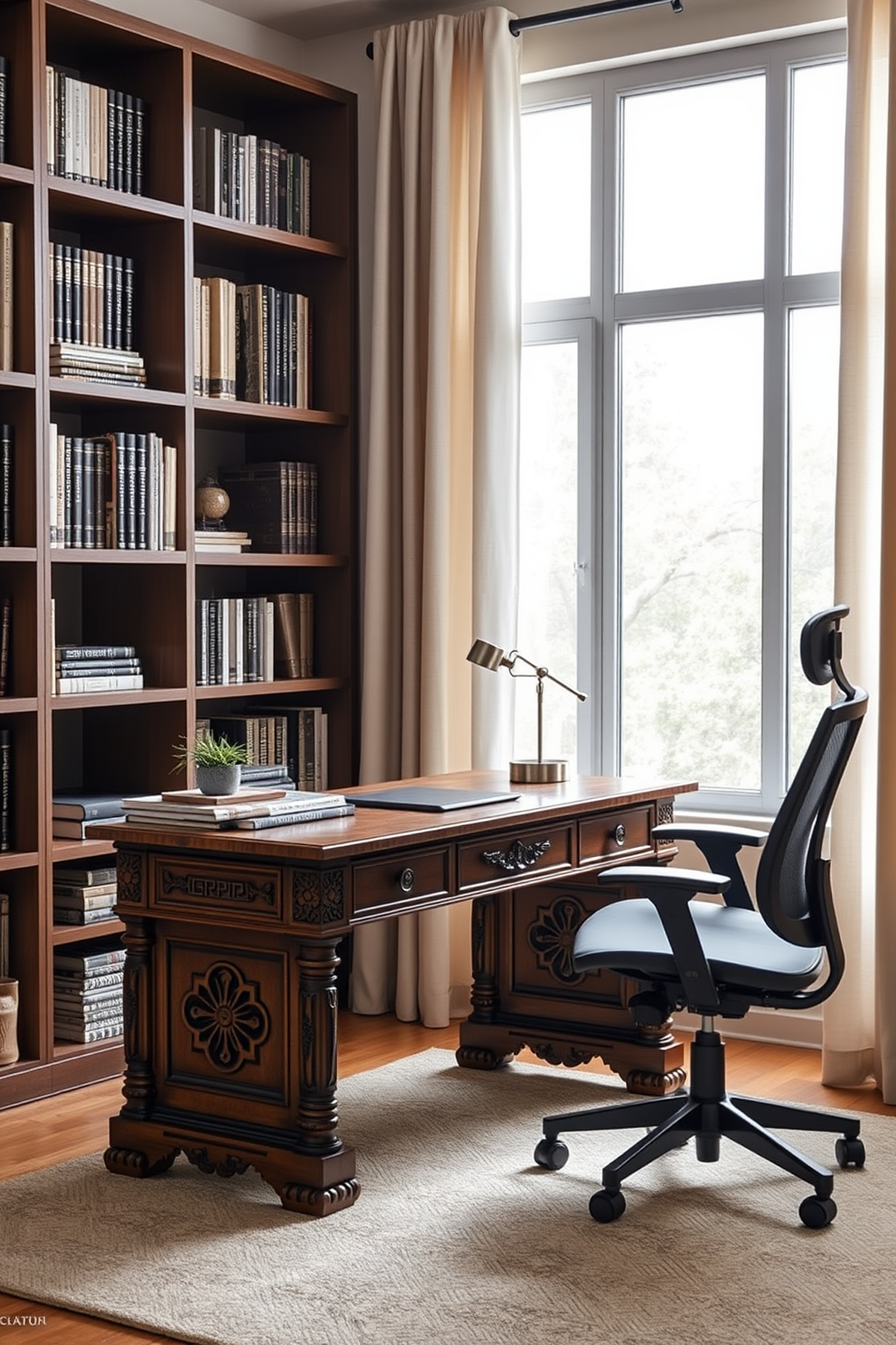 A vintage wooden desk with intricate carvings sits in the center of a cozy home office. Surrounding the desk are sleek modern shelves filled with neatly organized books and decorative items. A comfortable ergonomic chair complements the desk, offering both style and functionality. Soft natural light filters through a large window adorned with minimalistic curtains, creating an inviting workspace.