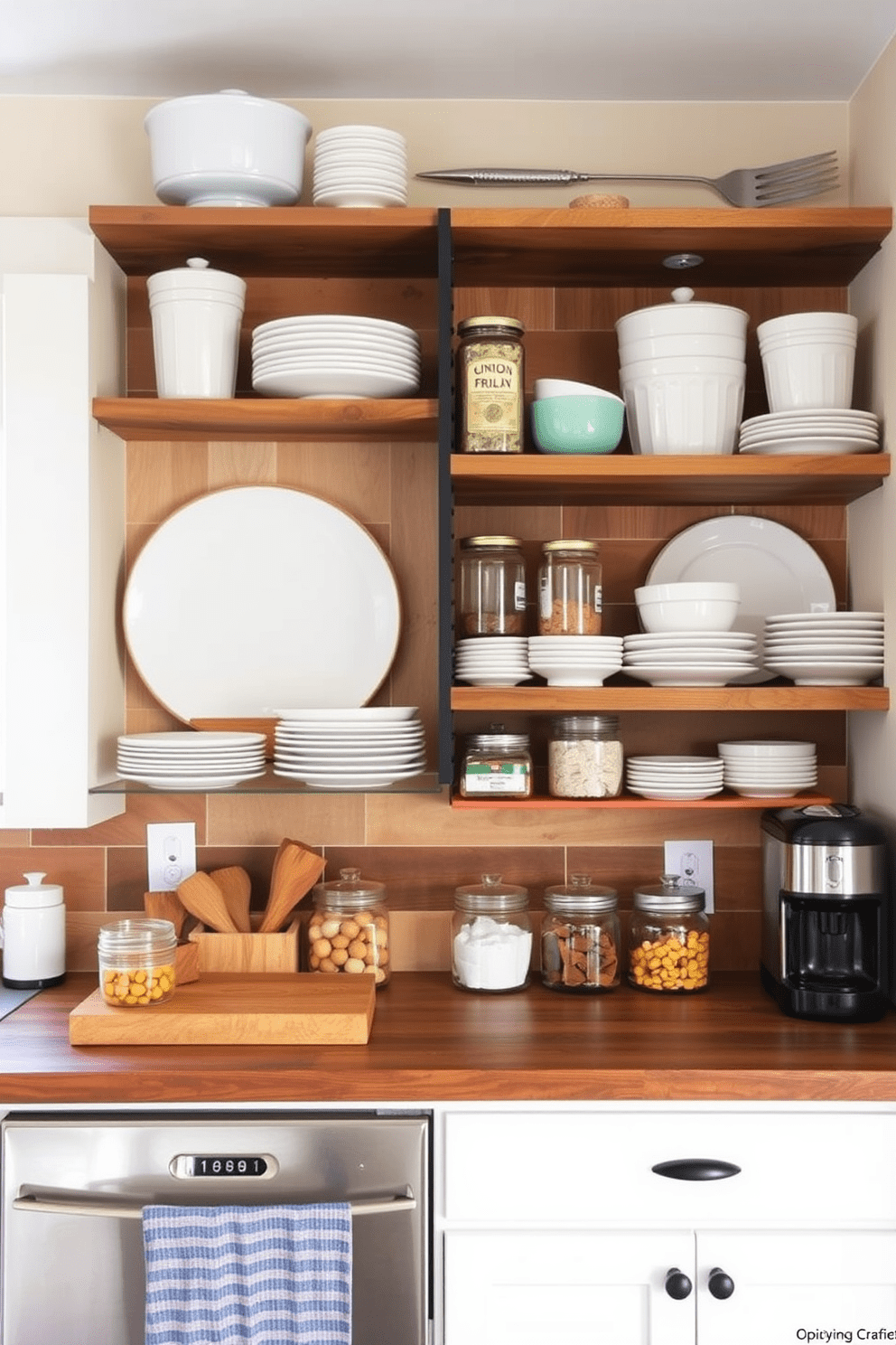 A simple kitchen design featuring open shelving for easy access storage. The shelves are made of reclaimed wood and are filled with neatly organized dishes and jars, creating a warm and inviting atmosphere.