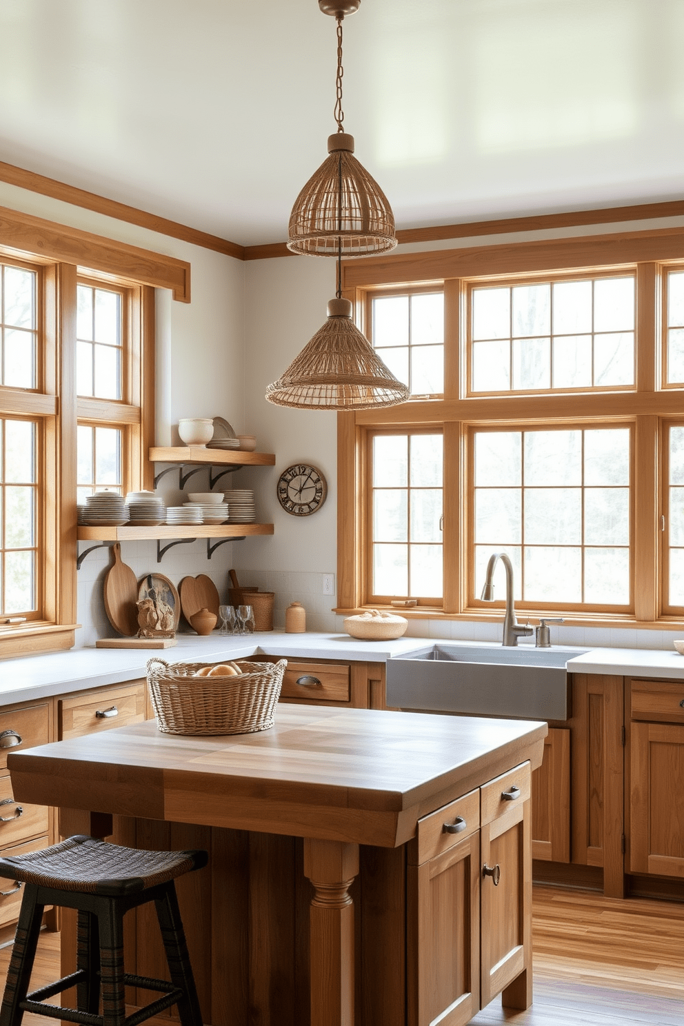 A cozy kitchen space featuring natural wood cabinetry and a butcher block island. The countertops are a light stone, and large windows allow ample natural light to fill the room. Open shelving displays rustic dishware, while a woven basket sits on the counter for fresh produce. A pendant light made of natural fibers hangs above the island, enhancing the warm ambiance.