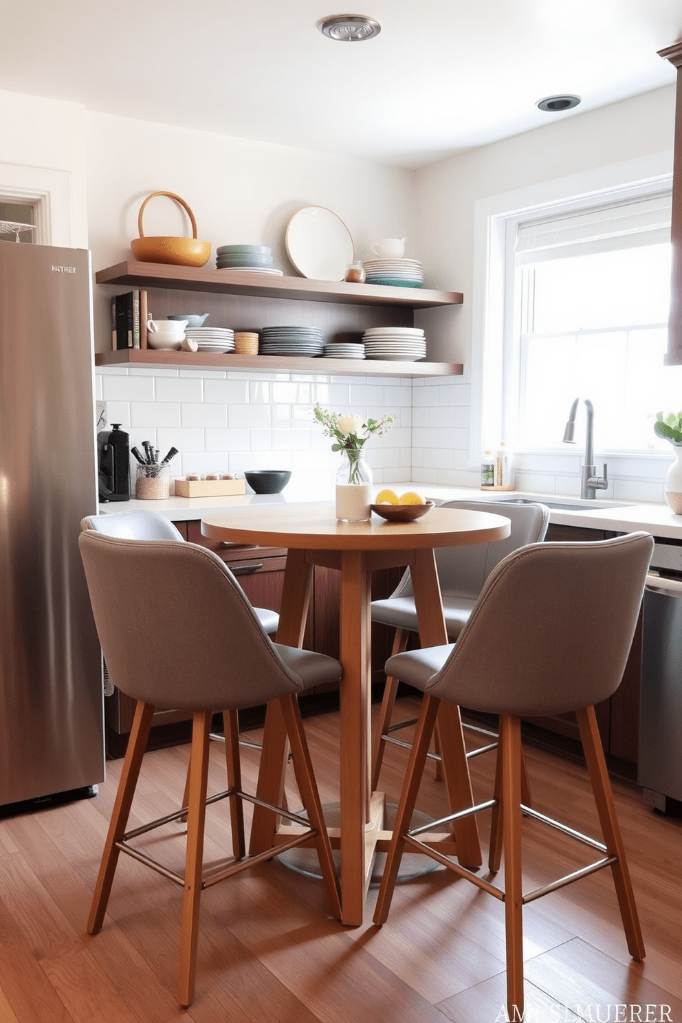 A cozy kitchen nook with a small round table surrounded by four stylish bar stools. The bar stools are upholstered in a soft gray fabric, complementing the light wood finish of the table. The kitchen features open shelving displaying colorful dishware and a backsplash of white subway tiles. Soft natural light streams in through a nearby window, illuminating the space with a warm and inviting glow.