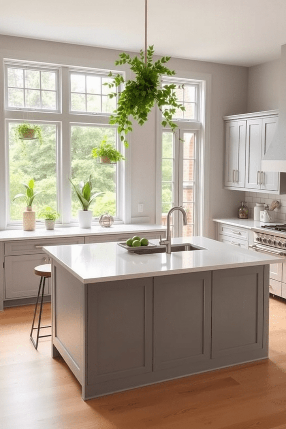 A simple kitchen design featuring a large central island with a smooth white countertop and bar stools on one side. The cabinetry is a soft gray with brushed nickel handles, and large windows let in plenty of natural light. Incorporate lush green plants on the windowsill and a few hanging planters to create a fresh and inviting atmosphere. The floor is a light wood finish that complements the overall warm and airy feel of the space.