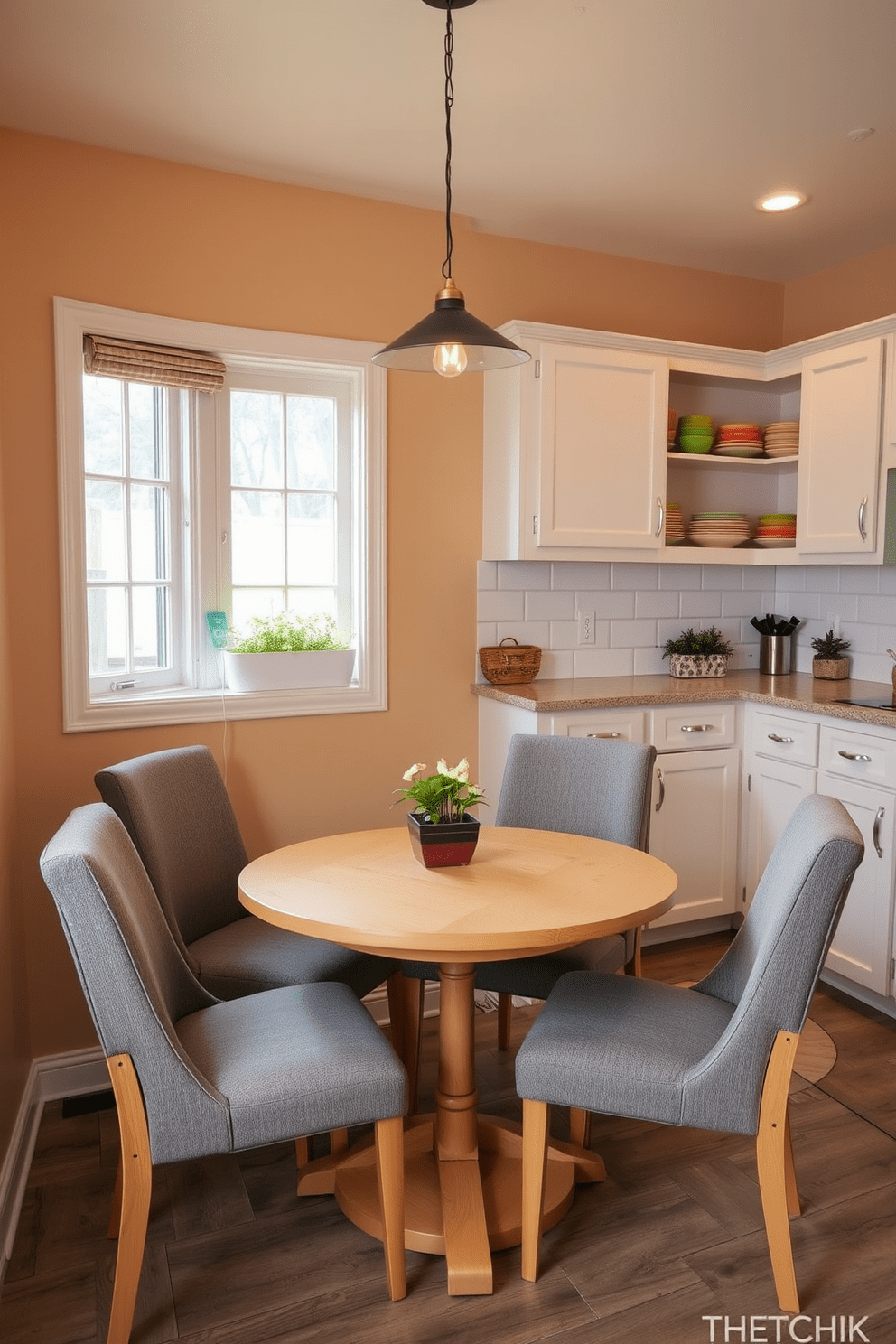 A cozy dining area featuring a compact round table made of light wood surrounded by four upholstered chairs in a soft gray fabric. The walls are painted in a warm beige tone, and a small pendant light hangs above the table, providing a warm glow for intimate meals. The kitchen showcases a simple yet functional design with white cabinetry and open shelving displaying colorful dishware. A subway tile backsplash adds texture, while a small herb garden on the windowsill brings a touch of greenery to the space.