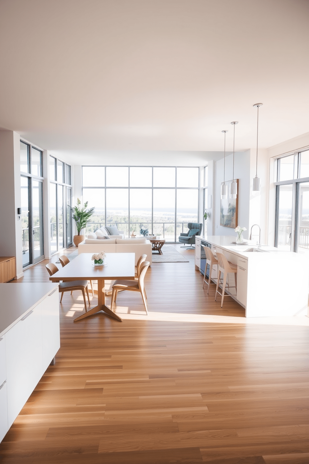 A bright and airy open concept kitchen seamlessly flows into the living area. The kitchen features a large island with bar seating, complemented by sleek cabinetry in a soft white finish. Natural light floods the space through expansive windows, highlighting the warm wooden flooring. A minimalist dining table sits adjacent to the kitchen, creating an inviting atmosphere for gatherings.