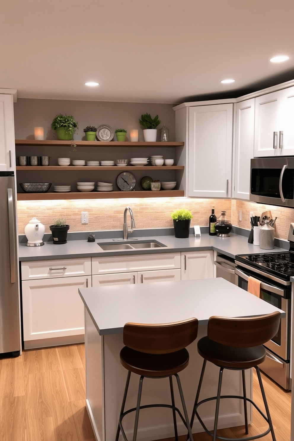 A cozy kitchen setting with under-cabinet lighting that creates a warm ambiance. The cabinetry is painted in a soft white, complemented by a sleek gray countertop and stainless steel appliances. A central island adds functionality, topped with a few stylish bar stools. Decorative open shelving showcases curated dishware and potted herbs, enhancing the inviting atmosphere.