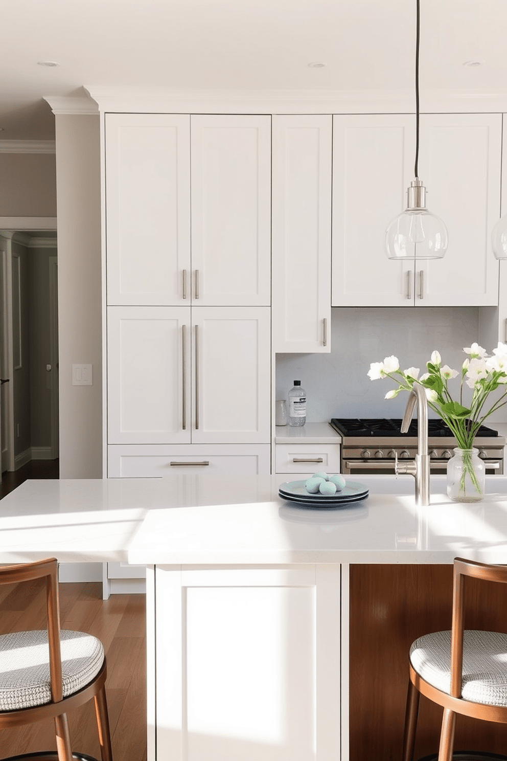 Light-colored cabinets to brighten space. A minimalist kitchen layout featuring sleek cabinetry with a soft white finish and brushed nickel hardware. The countertops are made of light gray quartz, providing a clean and modern look. A central island with bar seating invites casual dining, complemented by pendant lights hanging above.