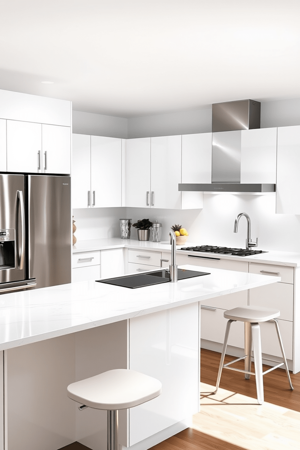 A modern kitchen design featuring easy-to-clean surfaces. The countertops are made of quartz with a glossy finish, complemented by sleek stainless steel appliances. The cabinetry is minimalistic with a matte white finish, providing a clean and contemporary look. A large island in the center serves as both a cooking space and a casual dining area, with bar stools that match the cabinetry.