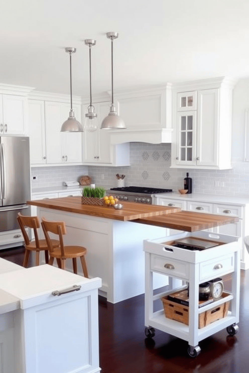 A simple kitchen design featuring a clean layout with white cabinetry and a light gray backsplash. A large island with a butcher block countertop serves as the centerpiece, surrounded by stylish bar stools. Incorporate a rolling cart on wheels for added flexibility and storage, perfect for meal prep or serving. The kitchen is illuminated with pendant lights hanging over the island, creating a warm and inviting atmosphere.