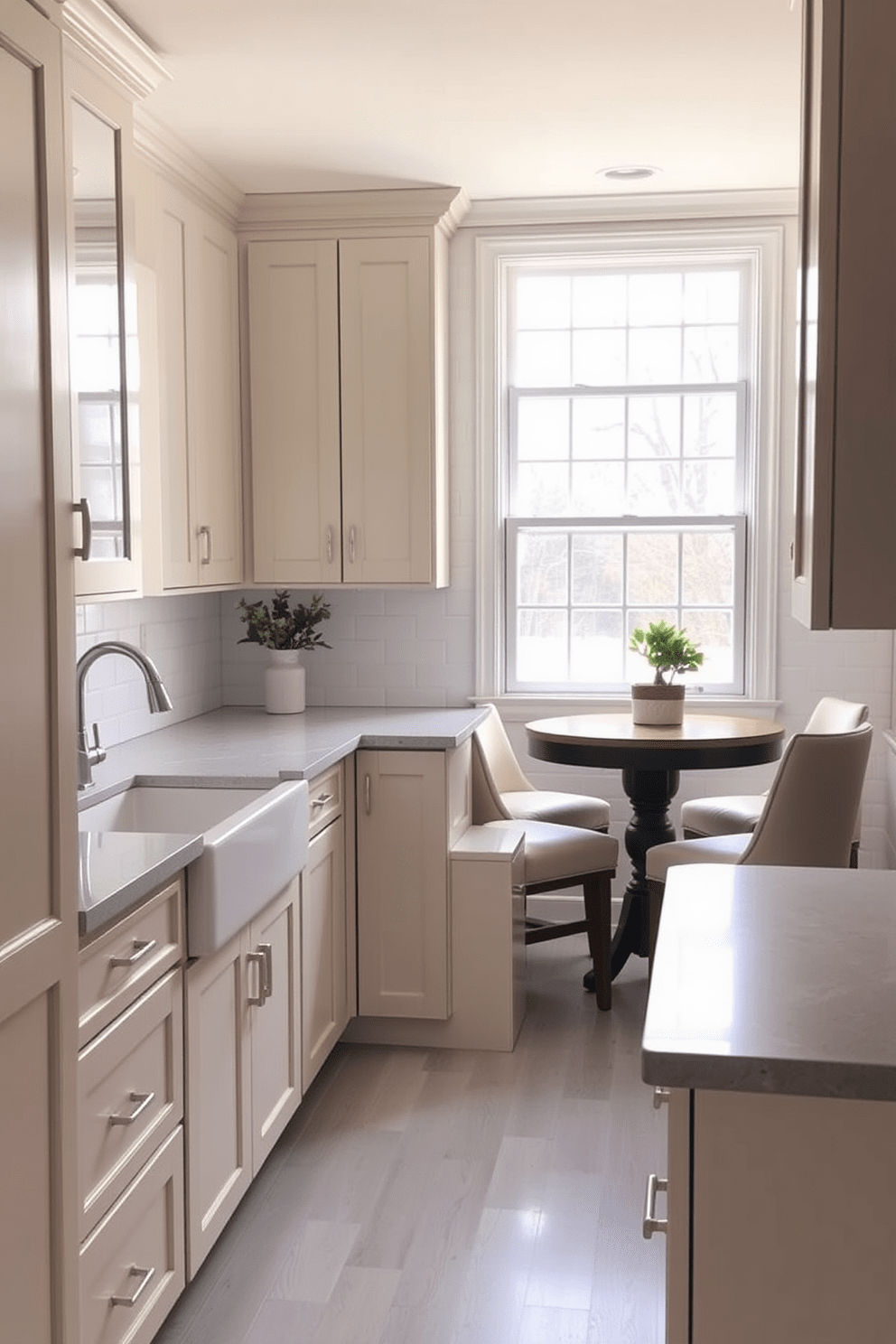 A simple kitchen design featuring soft beige cabinetry with clean lines and minimal hardware. The countertops are a light gray quartz, complemented by a white subway tile backsplash that adds texture without overwhelming the space. Natural light floods in through a large window above the sink, illuminating the space and creating a warm ambiance. A cozy breakfast nook with a round wooden table and upholstered chairs sits in one corner, inviting casual dining and conversation.