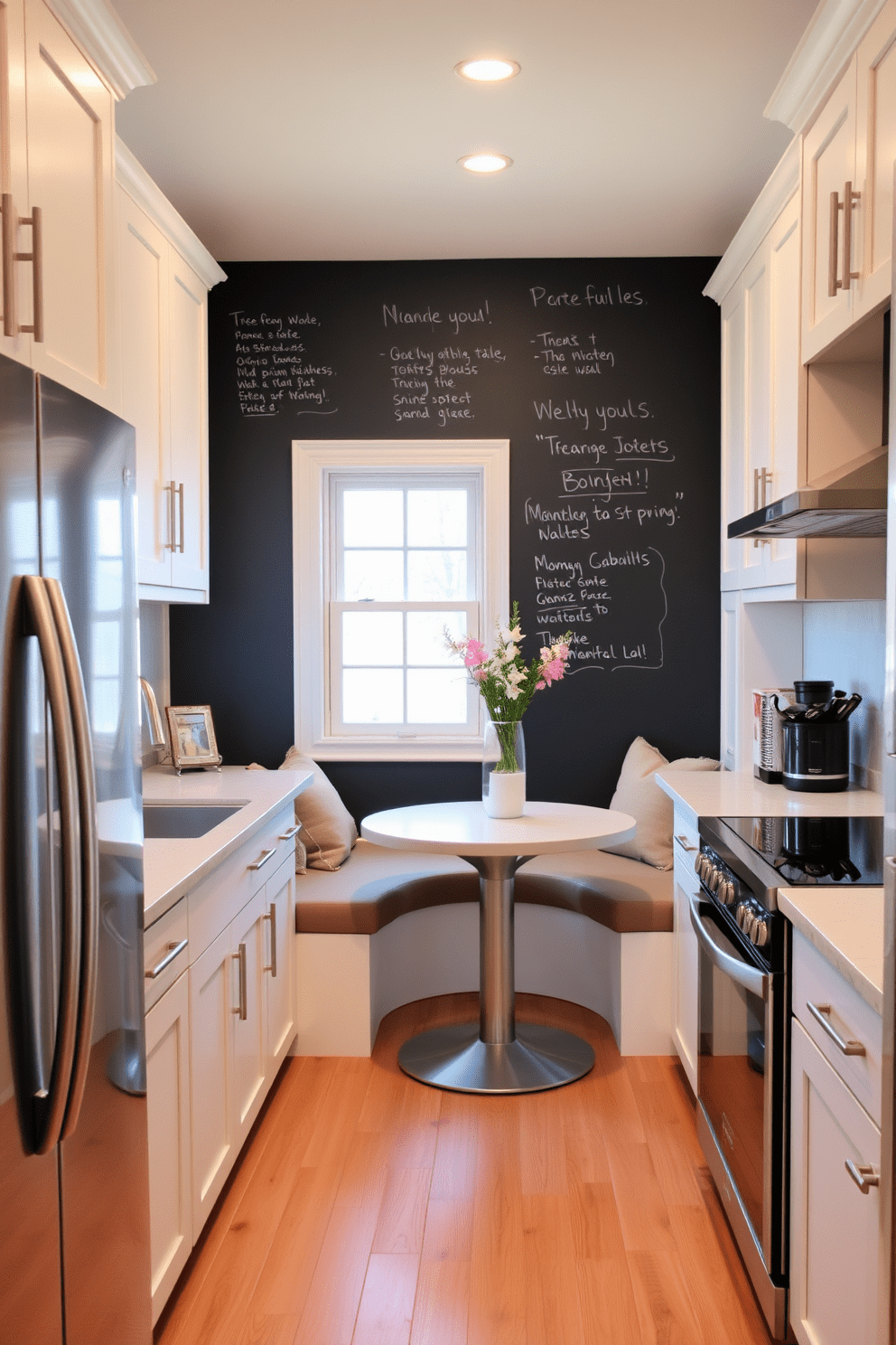 A simple kitchen design featuring a chalkboard wall for notes adds a functional yet stylish element to the space. The cabinetry is painted in a soft white, complemented by natural wood accents and sleek stainless steel appliances. The countertops are made of light-colored quartz, providing a clean and modern look. A cozy breakfast nook with a round table and comfortable seating is positioned near a window, allowing for natural light to fill the room.