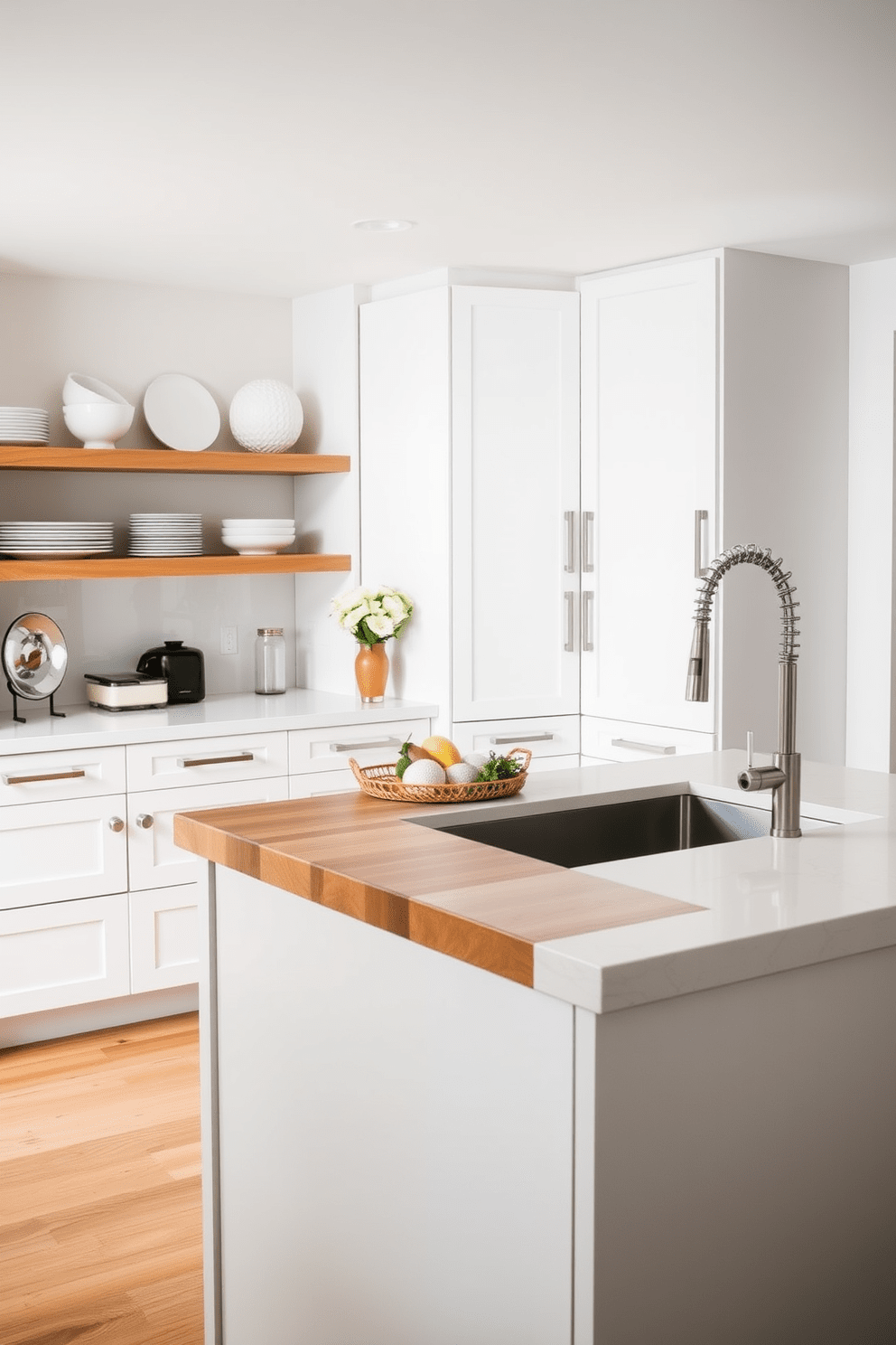 A stylish kitchen featuring sleek stainless steel hardware that complements the minimalist cabinetry. The space includes an island with bar stools, perfect for casual dining, and open shelving displaying elegant dishware. Functional elements such as a farmhouse sink and a pull-down faucet enhance usability while maintaining aesthetic appeal. The color palette consists of soft whites and warm wood tones, creating an inviting atmosphere for cooking and entertaining.