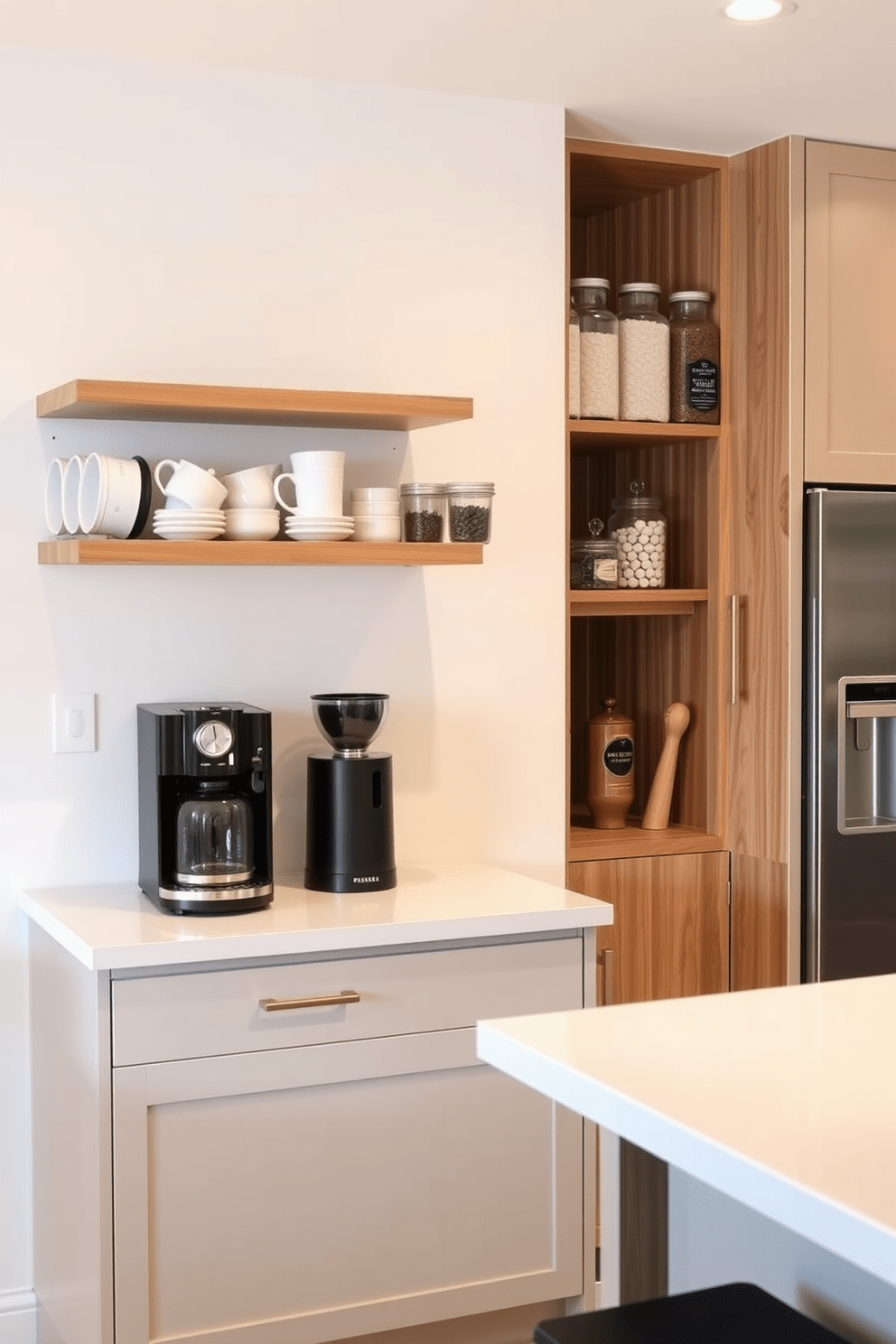 A dedicated coffee station area features a sleek countertop with a built-in espresso machine and a stylish coffee grinder. Above the countertop, open shelving displays an array of coffee mugs and decorative jars filled with coffee beans and sugar. Simple kitchen design ideas include a clean layout with minimalistic cabinetry and a spacious island for meal preparation. The color palette consists of soft neutrals, complemented by modern stainless steel appliances and warm wooden accents.