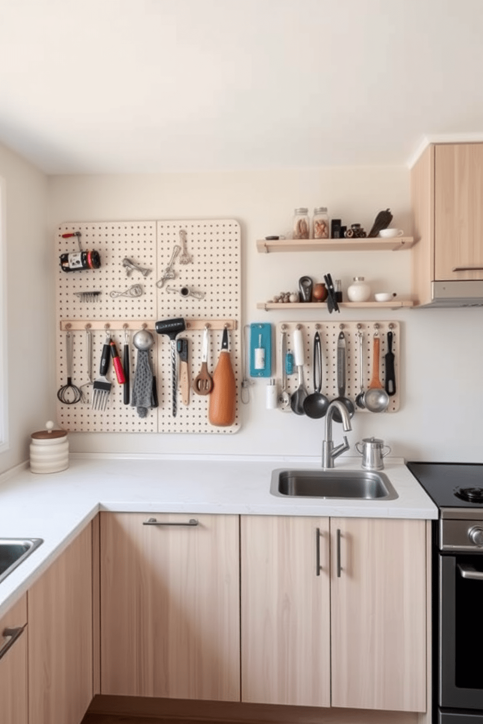 A simple kitchen design featuring a pegboard for organized tools hangs on the wall, providing easy access to utensils and gadgets. The cabinetry is sleek and minimalist, with a light wood finish that complements the bright and airy atmosphere of the space.