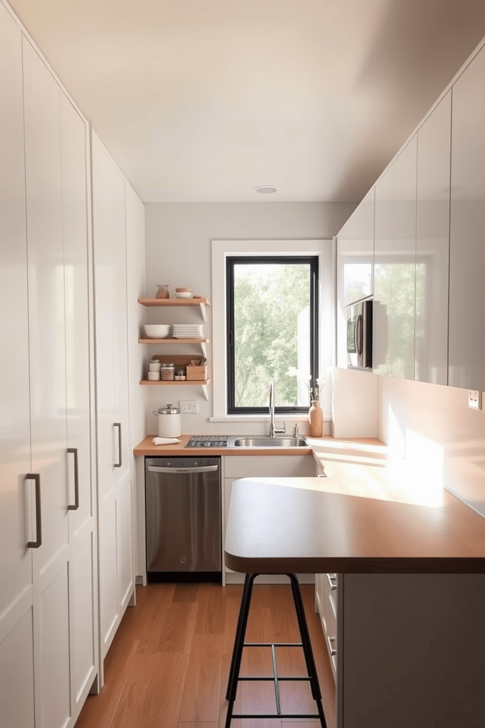 A cozy kitchen featuring a small pantry for storage. The design includes sleek white cabinets and a minimalist island with bar stools. Natural light floods the space through a large window above the sink. The countertops are made of light wood, complementing the warm tones of the cabinetry.