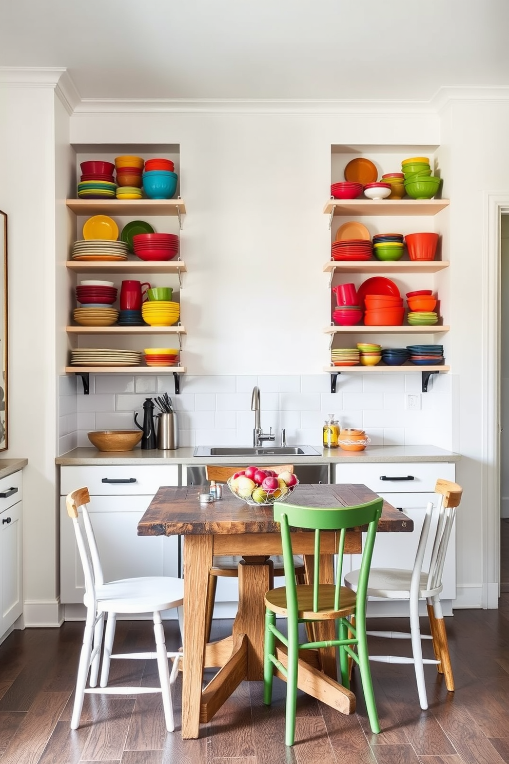 Colorful dishware is arranged artfully on open shelves, adding a vibrant touch to the kitchen space. A rustic wooden table sits in the center, surrounded by mismatched chairs that enhance the cozy atmosphere. The walls are painted in a soft white, allowing the colorful dishware to stand out. Minimalistic cabinetry complements the design, providing a clean and uncluttered look while maintaining functionality.