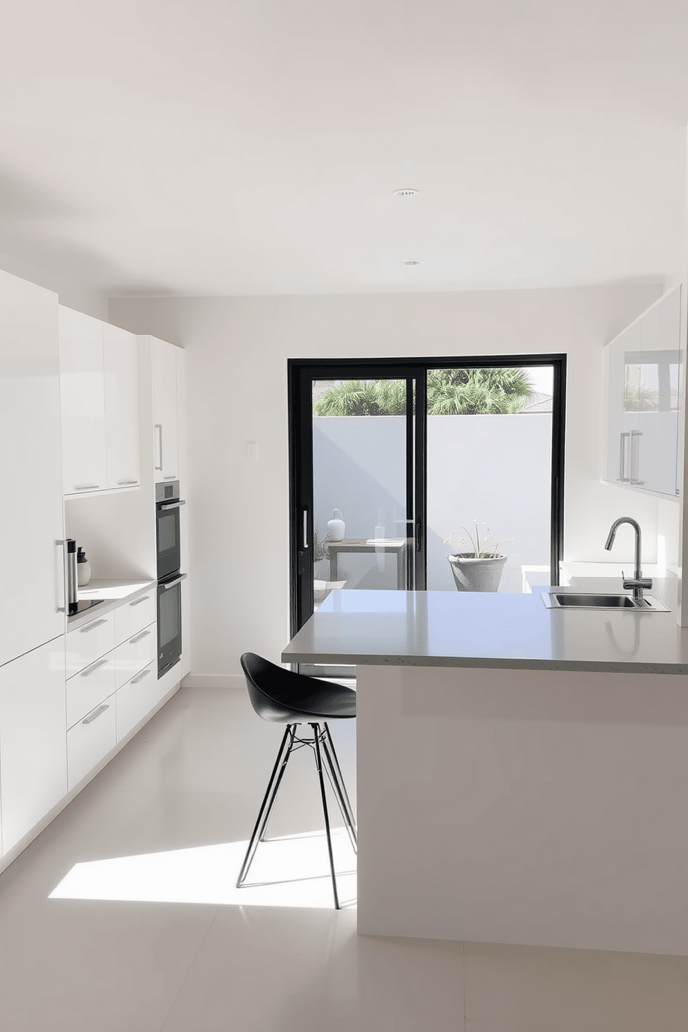 A sleek kitchen with a sliding door that opens to a small patio. The cabinetry is minimalist with a matte white finish, and the countertops are a light gray quartz, providing a clean and modern aesthetic. The kitchen island features bar seating with stylish stools, creating a functional space for casual dining. Natural light floods the room through the sliding door, enhancing the bright and airy atmosphere.