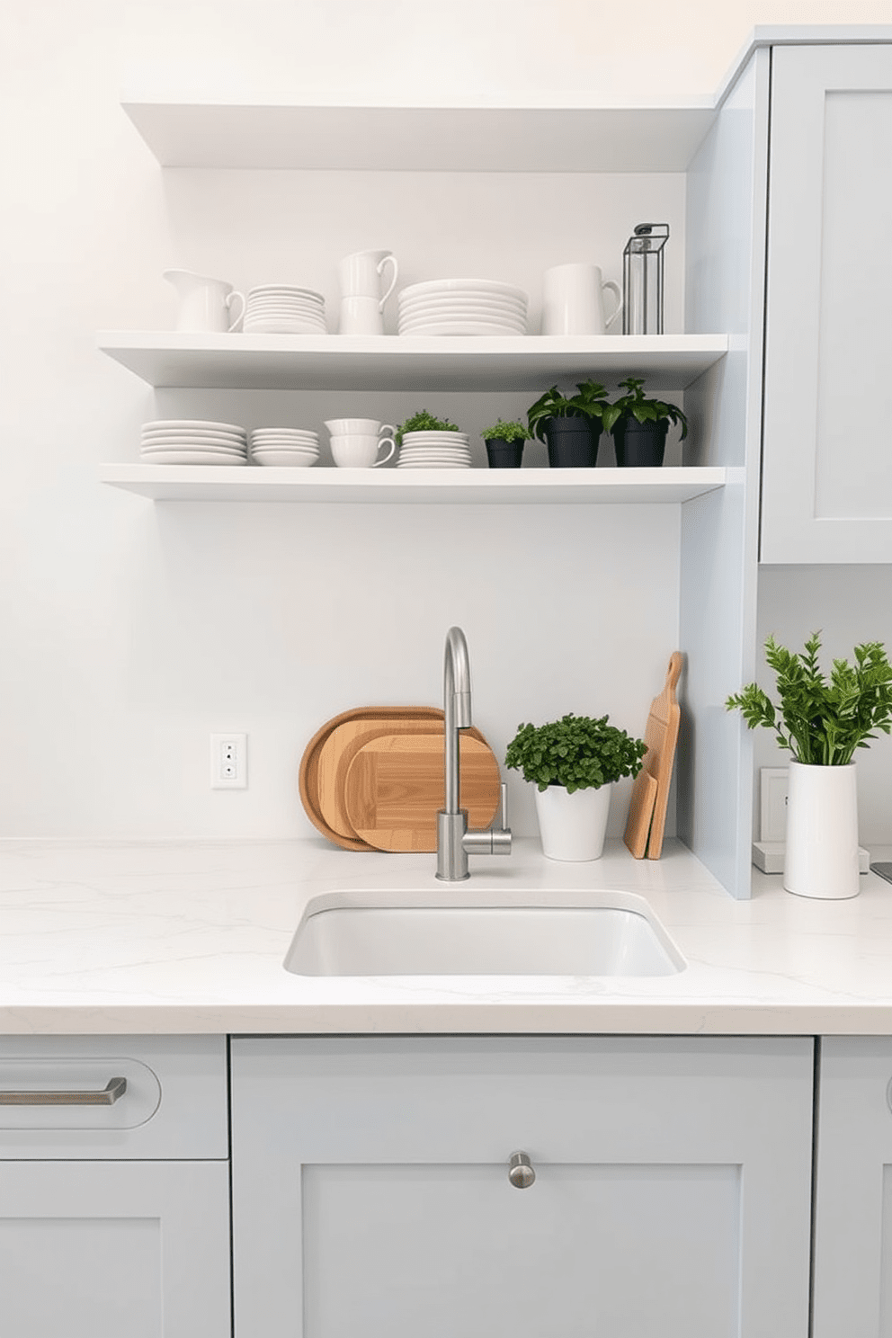 A simple yet elegant kitchen setting features a sleek white countertop with a subtle gray veining. Above the countertop, minimalist open shelving displays tasteful dishware and potted herbs, creating an inviting atmosphere. The cabinetry is a soft pastel blue, complemented by brushed nickel handles that add a touch of sophistication. A simple yet elegant faucet with clean lines is mounted above the sink, enhancing the overall design.