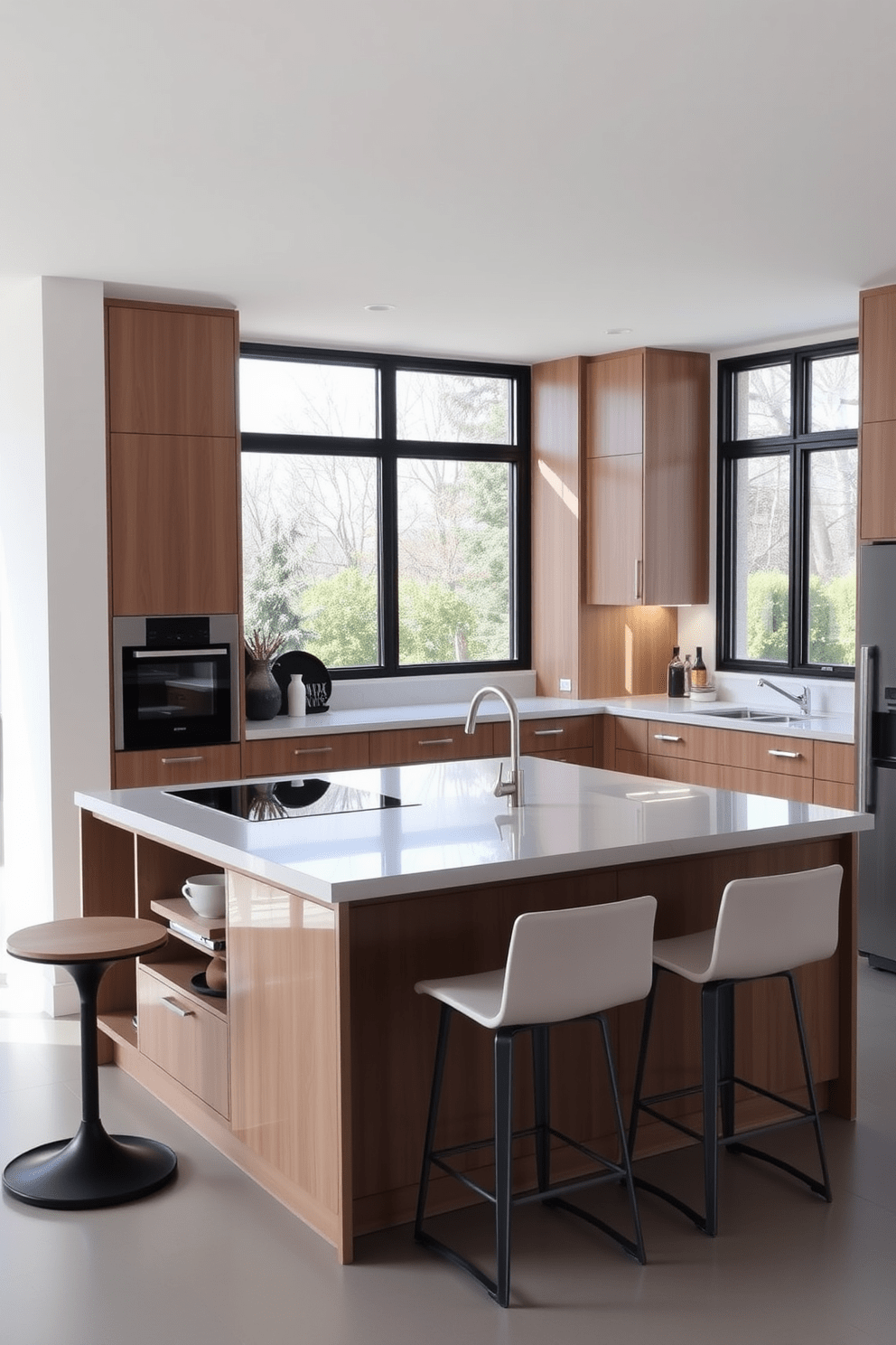 A multi-functional kitchen island serves as both a cooking space and a casual dining area. It features a sleek countertop with a built-in stove and ample storage underneath, complemented by stylish bar stools for seating. The kitchen showcases a minimalist design with clean lines and a neutral color palette. Natural light floods the space through large windows, highlighting the elegant cabinetry and modern appliances.