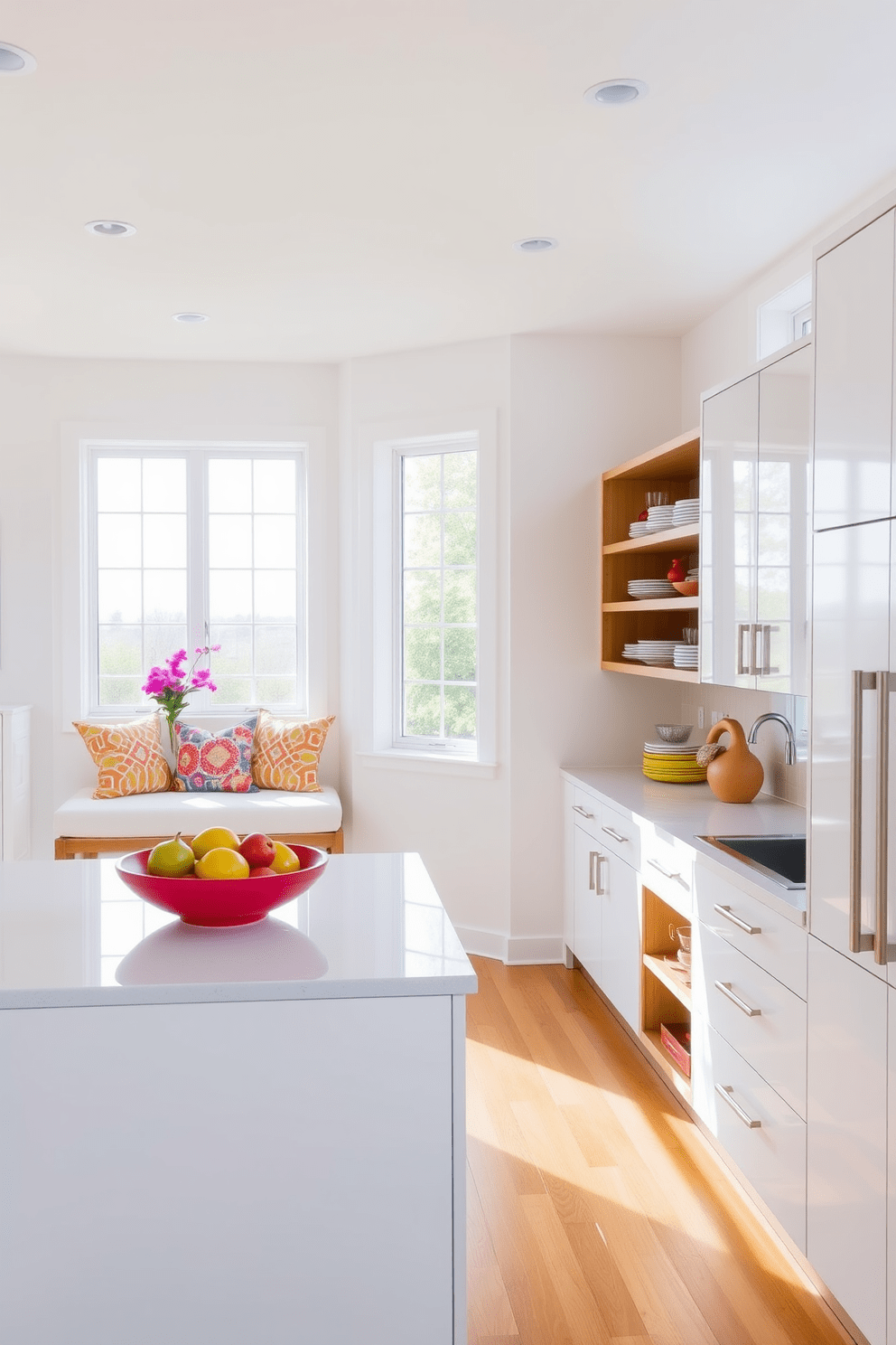 A simple kitchen design featuring sleek white cabinetry and a spacious island at the center. Brightly colored accessories such as vibrant dishware and a bold fruit bowl add a pop of color to the neutral palette. Natural light floods the space through large windows, illuminating the warm wood accents on the island and shelves. A cozy breakfast nook with colorful cushions invites casual dining and relaxation.