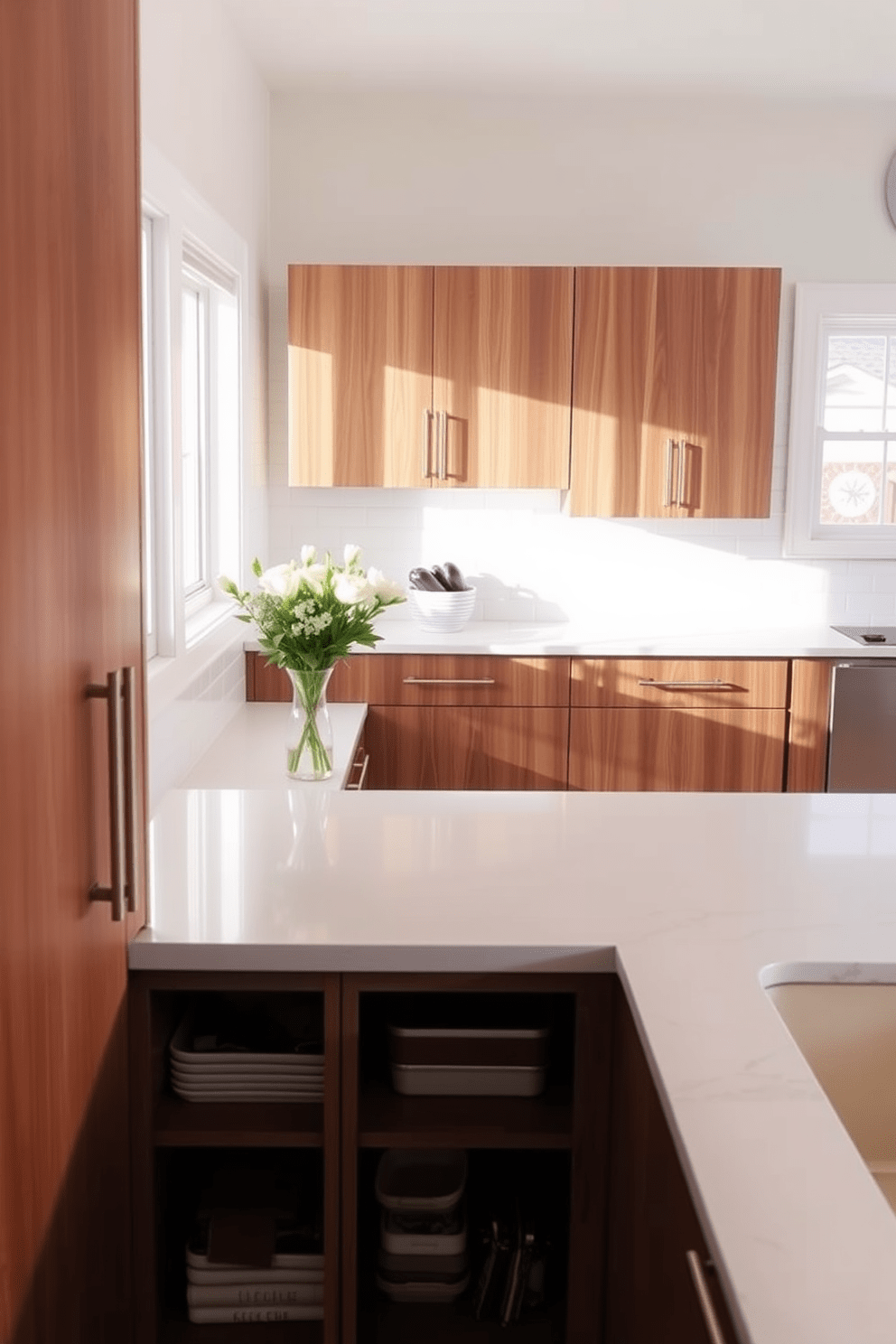 A simple kitchen design featuring sleek cabinetry with integrated hidden storage solutions. The countertops are a light quartz with minimal clutter, and a small breakfast nook is tucked into one corner for cozy dining. The backsplash is a classic white subway tile, providing a clean and timeless look. Soft, natural lighting illuminates the space, highlighting the warm wood tones of the cabinets and the inviting atmosphere of the kitchen.