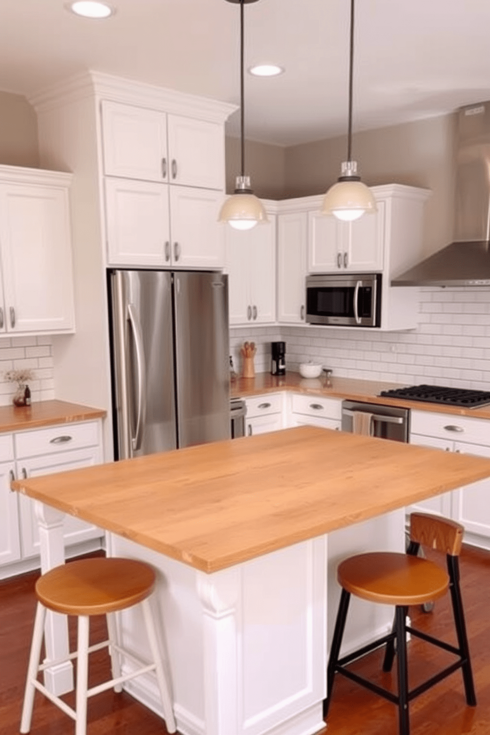 A simple kitchen design featuring a central island with bar stools. The cabinetry is painted in a soft white, complemented by a light wood countertop and stainless steel appliances. Pendant lights hang gracefully above the island, providing stylish illumination. The backsplash is a classic subway tile, offering a clean and timeless look.